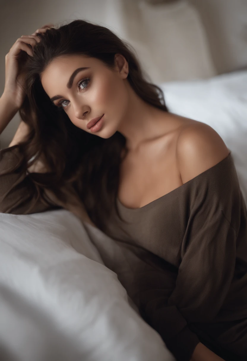 arafed woman fully , sexy girl with brown eyes, ultra realistic, meticulously detailed, portrait sophie mudd, black hair and large eyes, selfie of a young woman, bedroom eyes, violet myers, without makeup, natural makeup, looking directly at the camera, face with artgram, subtle makeup, stunning full body shot kneeling on bed, in bedroom, medium to large size bust