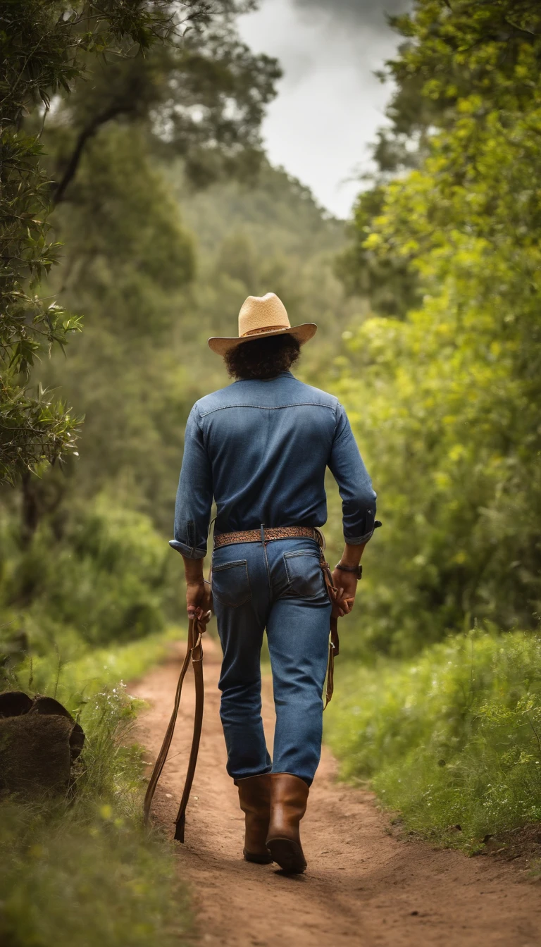 Animal. ((1 Jumento, Asno, Mula ou Burro)) Animal dressed in denim jumpsuit and plaid shirt. A straw hat and leather boots. Floresta em dias ensolarados de primavera. Caminho ou estrada de pedras.
