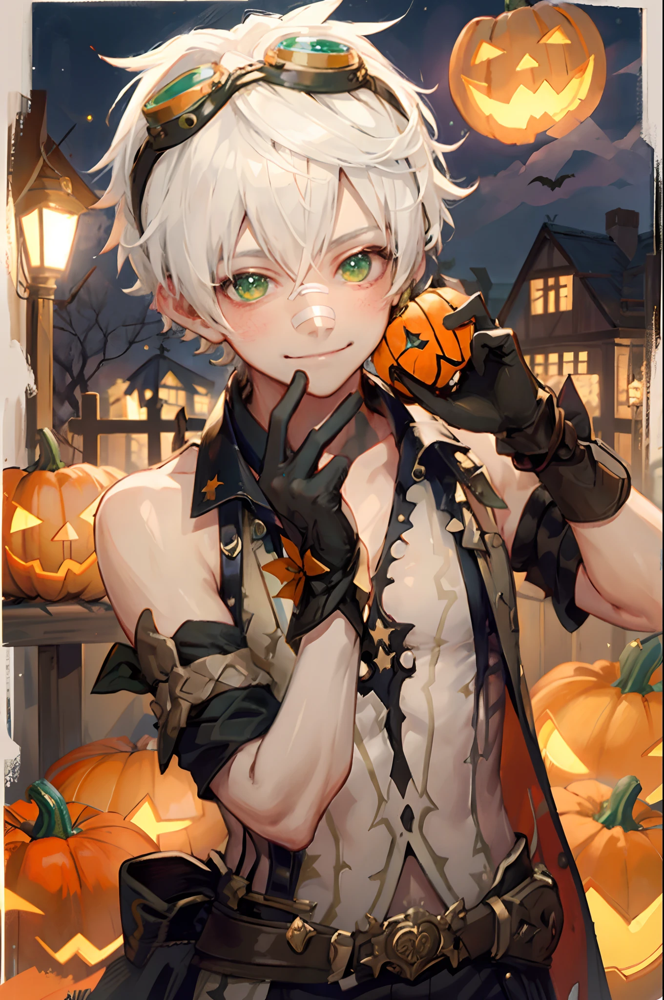 masterpiece, best quality,1boy, male focus, green eyes,black gloves, bandaid, goggles, bandaid on face, smile, solo, goggles on head, bandaid on nose, smile, sleeveless, white hair,  halloween, pumpkin patch, at night