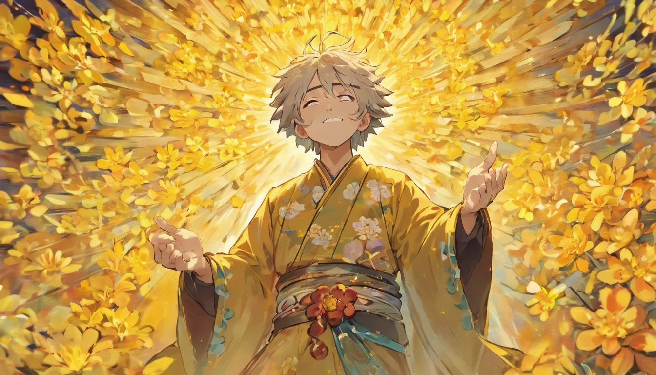 (high quality, masterpiece:1.2), illustration, an elderly Chinese man wearing a chrysanthemum on his head, celebrating the Double Ninth Festival with closed eyes, festive Chrysanthemum Festival, charming smile, close-up of a mountain in the distance.