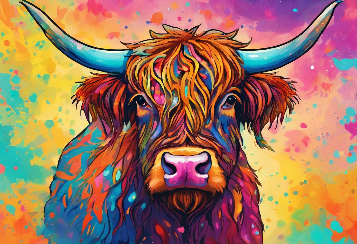 Highland cattle,On his head he wears daisy flowers and plants,up front view,Highland bullhead,bust,water color art,plethora of colors