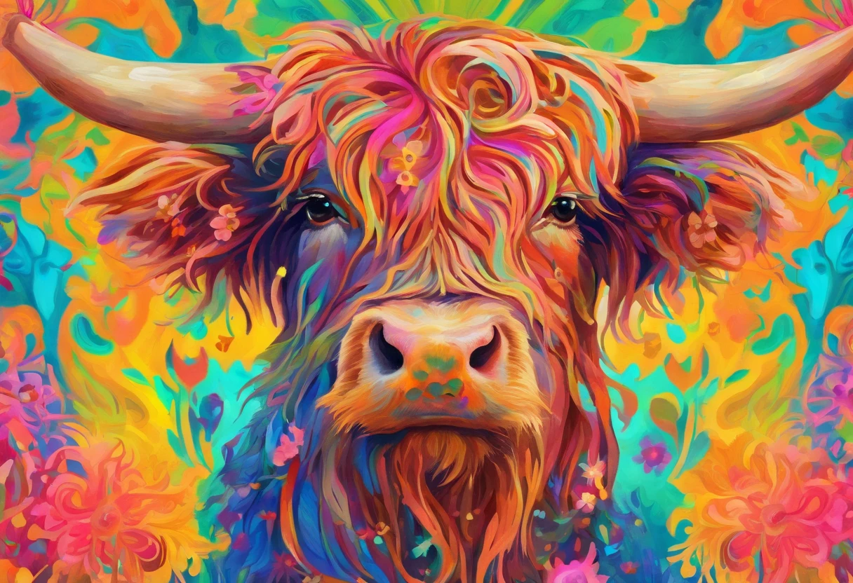 Highland cattle，On his head he wears daisy flowers and plants，up front view，Highland bullhead，bust，water color art，plethora of colors