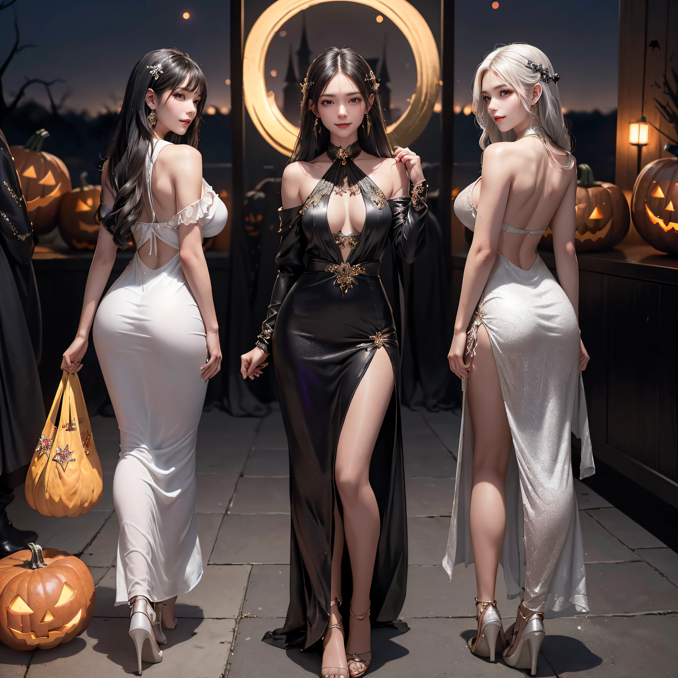 (masterpiece:1.3), top-quality, top-quality, Beautifully Aesthetic:1.2, ((Three girls)), Halloween night,
(Left girl is wearing a Red and Silver colors dress), (Middle girl is wearing a Black and Gold colors dress), (Right girl is wearing a White and Blue colors dress),
BREAK
(Left girl is (black Hair, wavy hair, short hair)),
(Middle girl is (Brown Hair, Straight hair, long hair)),
(Right girl is (gray Hair, wavy hair, medium long hair)),
(Three girls are Perfect body(large breasts, firm breast, nicely shaped breasts, slender figure)),
(Walking side by side in a neat line with Seductive pose:1.3),
((At the middle of Halloween party venue decorated for Halloween at late night:1.2)), (Full body shot:1.1), (From back:1.3), (Looking at viewer),