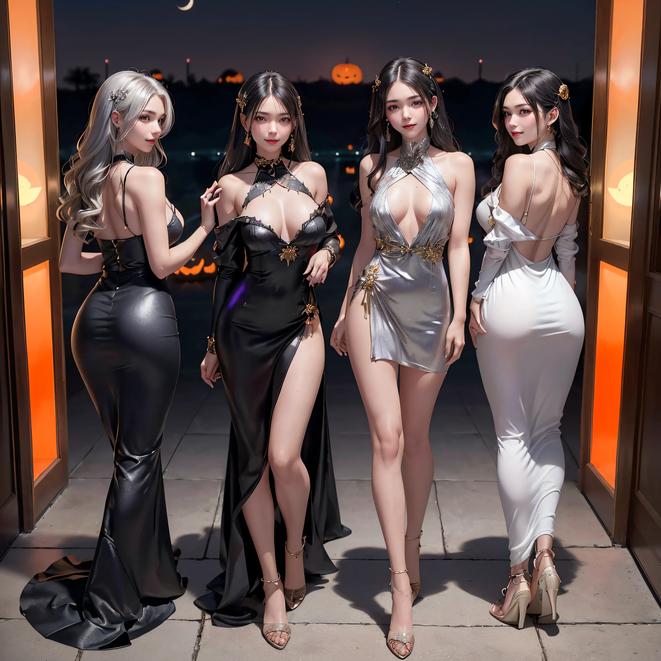 (masterpiece:1.3), top-quality, top-quality, Beautifully Aesthetic:1.2, ((Three girls)), Halloween night, 
(Left girl is wearing a Red and Silver colors dress), (Middle girl is wearing a Black and Gold colors dress), (Right girl is wearing a White and Blue colors dress), 
BREAK 
(Left girl is (black Hair, wavy hair, short hair)), 
(Middle girl is (Brown Hair, Straight hair, long hair)), 
(Right girl is (gray Hair, wavy hair, medium long hair)), 
(Three girls are Perfect body(large breasts, firm breast, nicely shaped breasts, slender figure)), 
(Walking side by side in a neat line with Seductive pose:1.3), 
((At the middle of Halloween party venue decorated for Halloween at late night:1.2)), (Full body shot:1.1), (From back:1.3), (Looking at viewer),