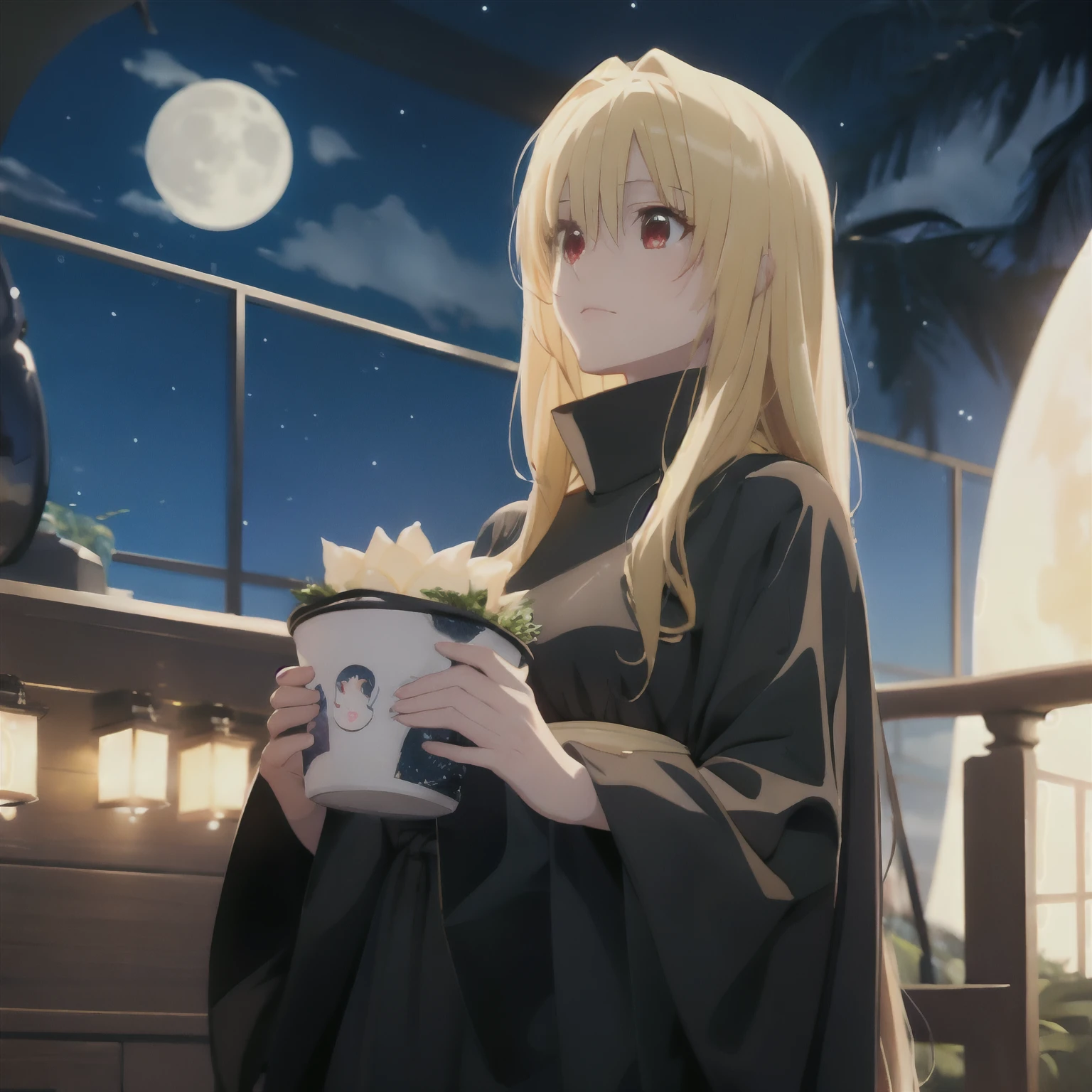 Galaxy Express999、Yami the Golden Darkness as a woman, 1girl、Beautiful moon、Woman staring at the moon、extremely beautiful lady, cute red eyes, The upper part of the body、a blond、4KCG