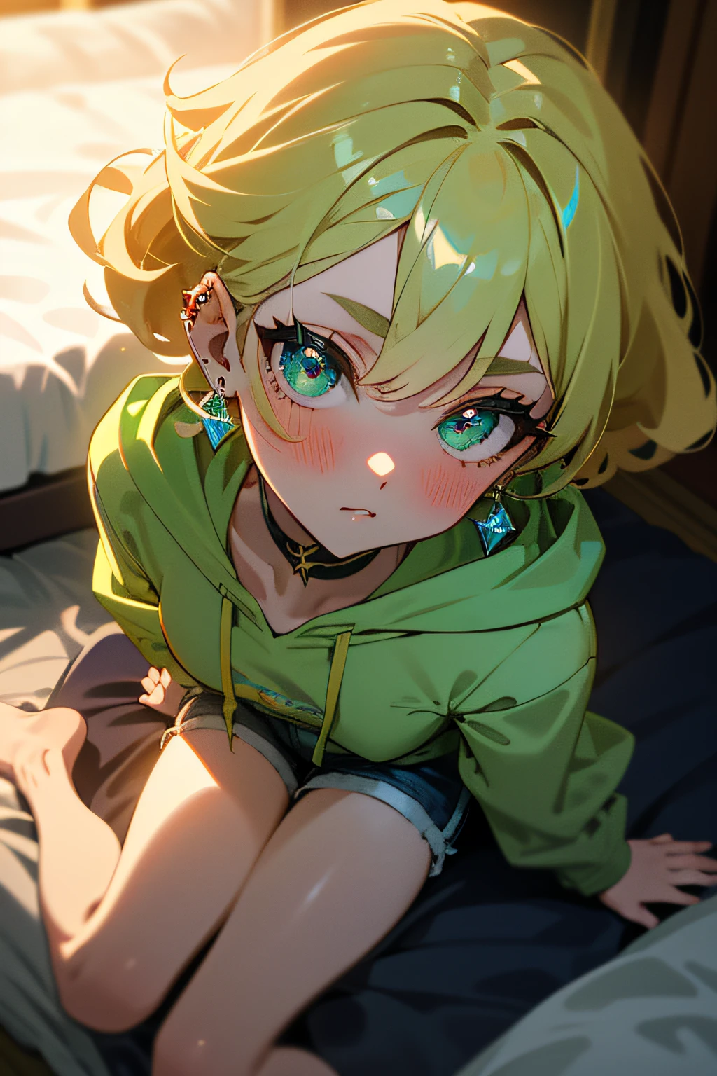 (masterpiece:1.2, absurdres, highest quality, intricate details), (1girl), blonde hair, green eyes, curly shoulder length hair, slight blush, choker, beautiful eyes, wearing a (hoodie), wearing really (short shorts), emerald ear piercings, sitting on a bed, full body shot, from above, perfect body, perfect face