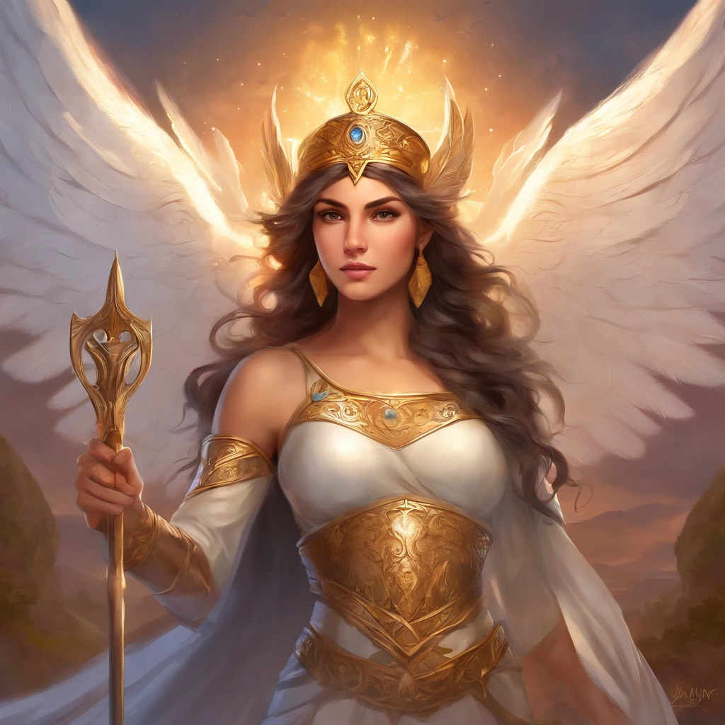 (greek goddess Athena),(brown hair),(fierce gray eyes),(angelic white wings),(wearing a greek light armor),(holding a spear with her right hand),(religious painting),(portraits),(highres),(realistic),(vivid colors),(soft lighting),(peaceful ambience),(fine brushstrokes),(deep shadows),(subtle highlights),(detailed feathers),(sublime beauty),(ethereal atmosphere),(holiness),(majestic),(mythology),(mythical character),(powerful presence),(wisdom),(strength),(noble expression),(delicate facial features),(supreme goddess),(divine aura),(timeless),(extraordinary),(inspirational),(divinity),(classic art),(time-honored tradition),(awe-inspiring),(legendary),(perfect proportions),(floating above clouds),(serene),(tranquil),(traditional technique),(elegant),(majestic grandeur),(ancient world),(immortal),(graceful),(mysterious),(transcendent),(symbol of wisdom and war)