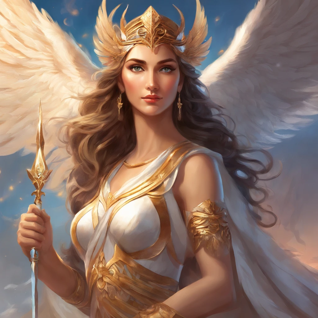 (greek goddess Athena),(brown hair),(fierce gray eyes),(angelic white wings),(wearing a greek light armor),(holding a spear with her right hand),(religious painting),(portraits),(highres),(realistic),(vivid colors),(soft lighting),(peaceful ambience),(fine brushstrokes),(deep shadows),(subtle highlights),(detailed feathers),(sublime beauty),(ethereal atmosphere),(holiness),(majestic),(mythology),(mythical character),(powerful presence),(wisdom),(strength),(noble expression),(delicate facial features),(supreme goddess),(divine aura),(timeless),(extraordinary),(inspirational),(divinity),(classic art),(time-honored tradition),(awe-inspiring),(legendary),(perfect proportions),(floating above clouds),(serene),(tranquil),(traditional technique),(elegant),(majestic grandeur),(ancient world),(immortal),(graceful),(mysterious),(transcendent),(symbol of wisdom and war)