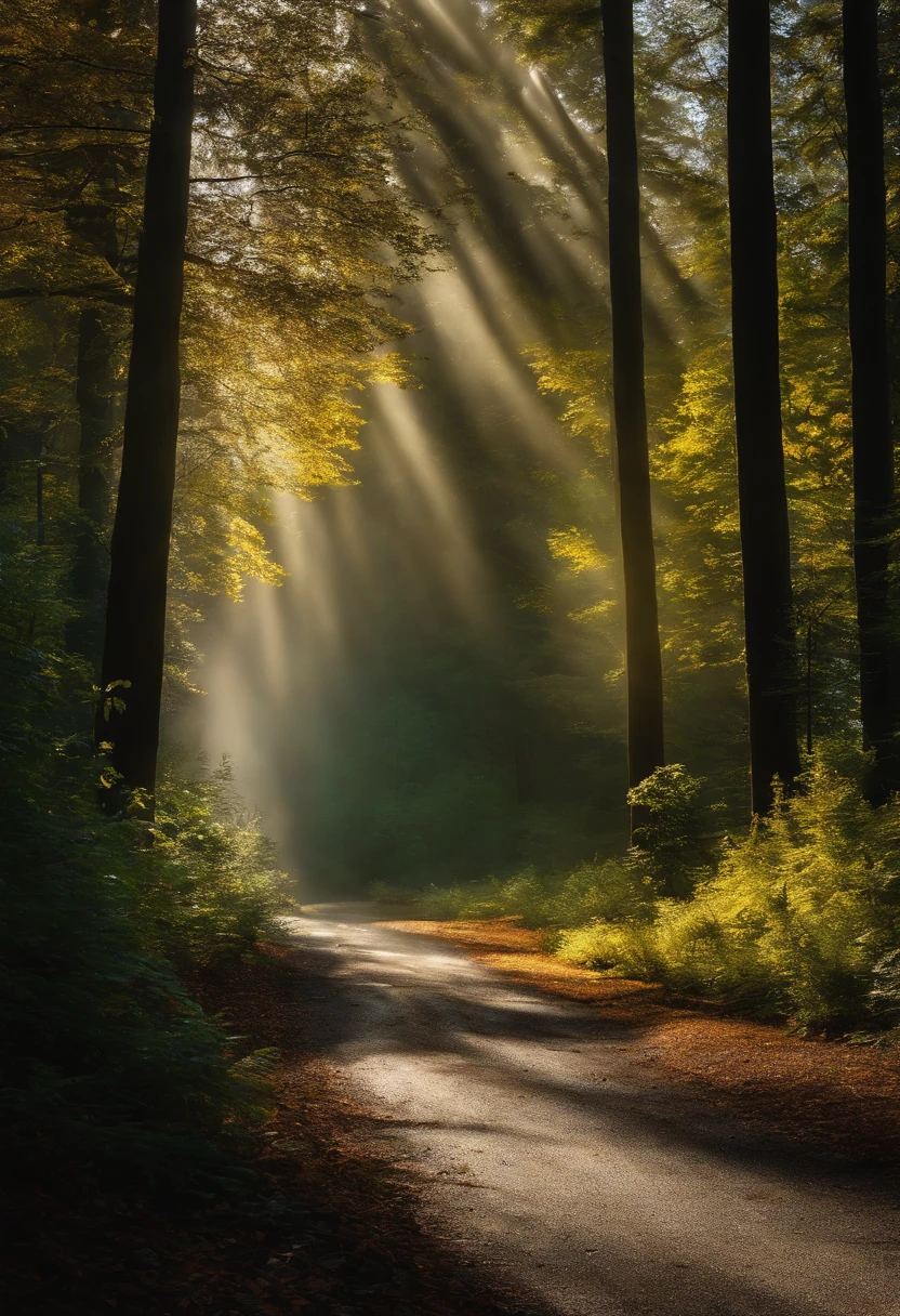 Forest on both sides of the road, A white, yellow light, Lots of light, Brilliant Aura, fountain, grow, elasticity, murder, Wake up.