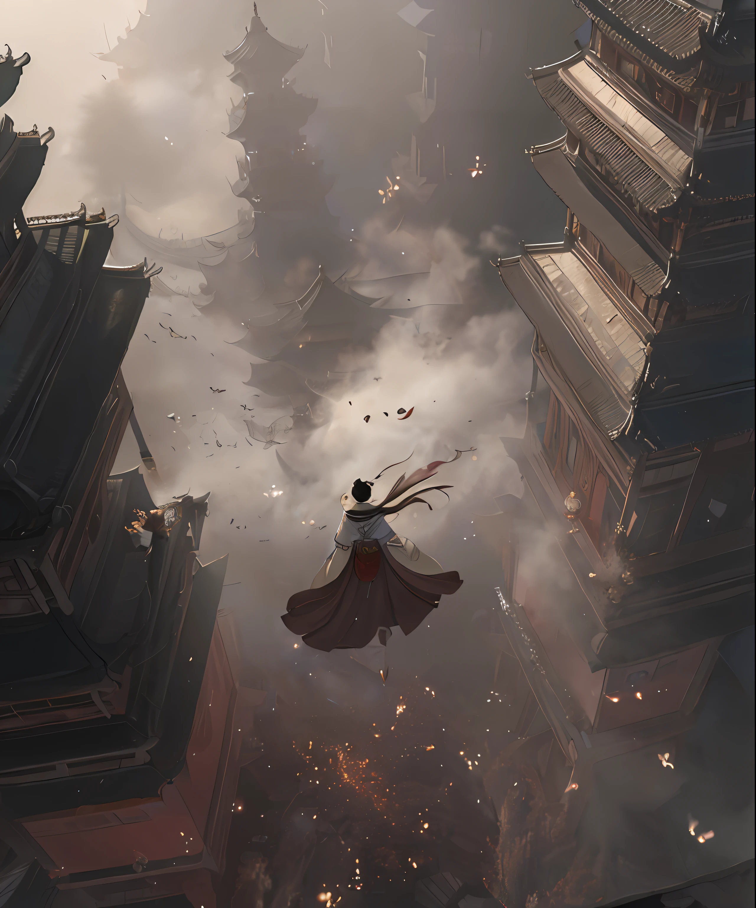 The image of Arafad flying in the air in an ancient Chinese city in a white robe, Flowing white robe, by Bayard Wu, chengwei pan on artstation, Feng Zhu concept art, ross tran and wlop, author：Han Gan, cgsociety and fenghua zhong, ross tran and bayard wu, Inspired by Fenghua Zhong,photo from the back