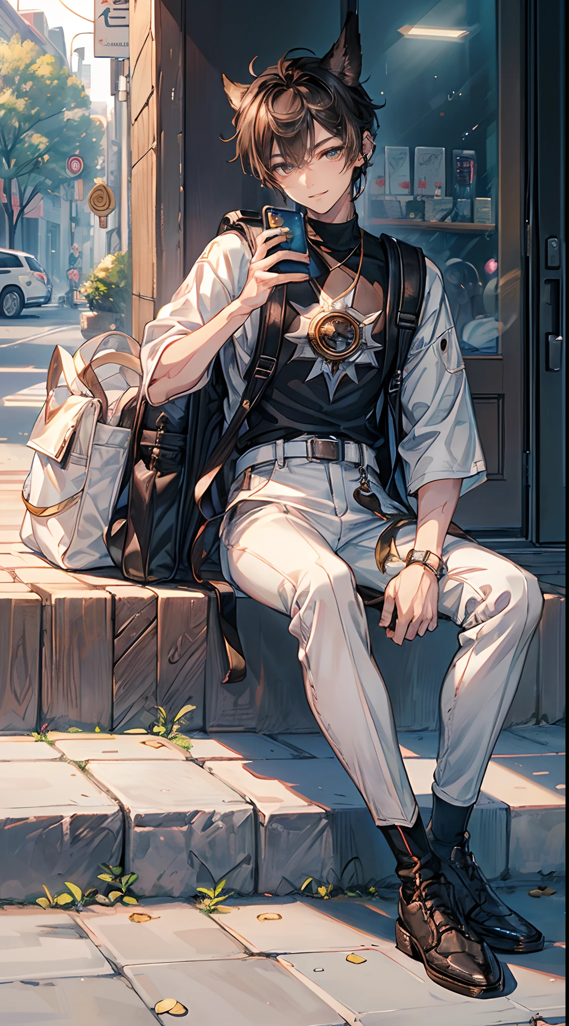 ((4K works))、​masterpiece、（top-quality)、((high-level image quality))、((One Manly Boy))、Slim body、((Attractive and sexy fashion))、((Men's Fashion))、((Holding a backpack and iPhone in hand))、(Detailed beautiful eyes)、In a fashionable city、Sitting on the curb and listening to music、Face similar to Chaewon in Ruseraphim、((short hair above the ears))、((Smaller face))、((Neutral face))、((Light brown eyes))、((Korean boy))、((18year old))、((Handsome man))、((Teeth and smile expression))、((Korean Makeup))、((elongated and sharp eyes))、((photo of a model))、((Like a celebrity))、Professional Photos、((Shot alone))、((Sitting on the curb and listening to music through headphones))、((He sits in front of the viewer))、((Shot diagonally up from the front))、((Hold your iPhone in your hands、Look at your iPhone screen))