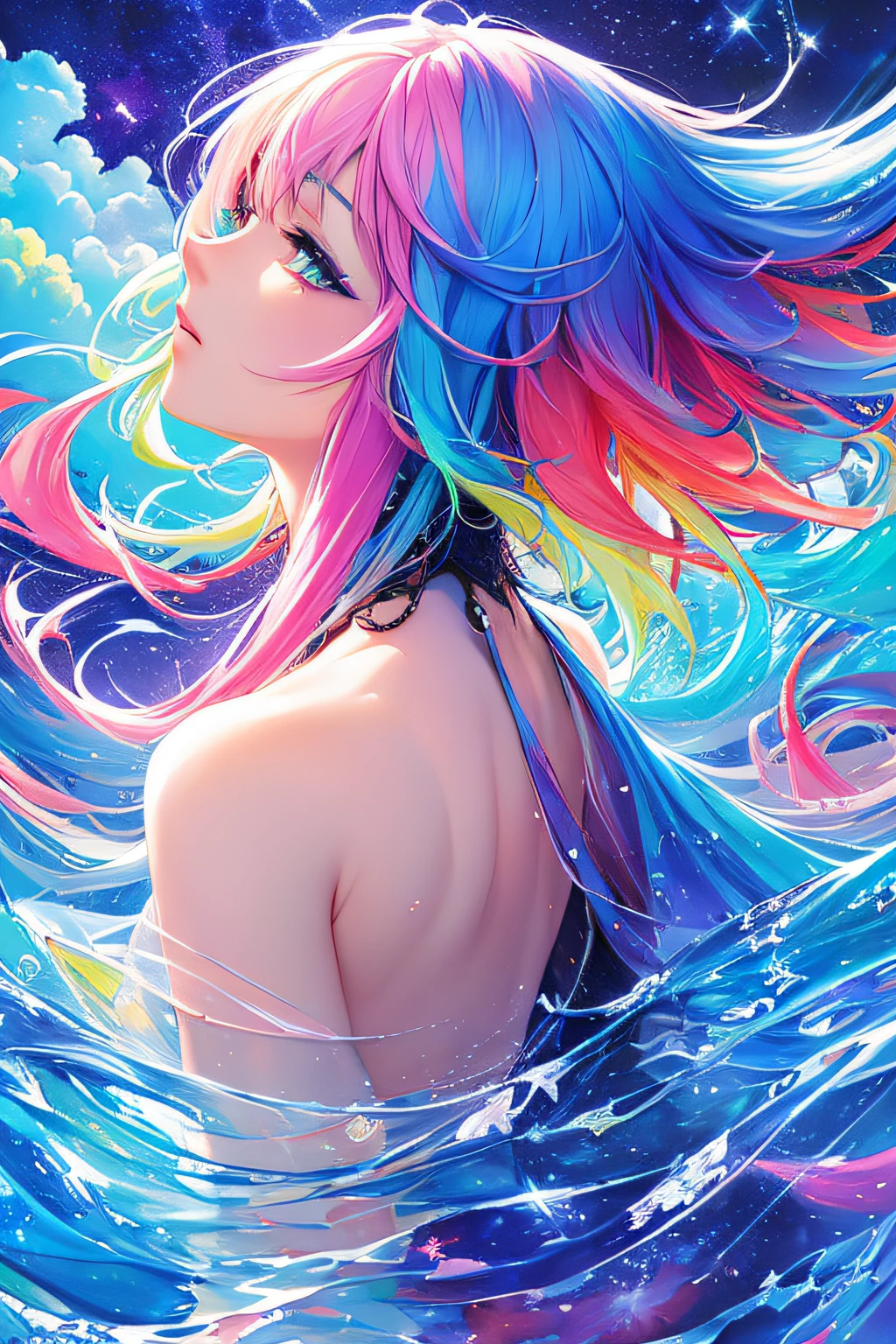 (masterpiece, top quality, best quality,watercolor (medium),official art, beautiful and aesthetic:1.2),(1girl:1.3), (fractal art:1.3),upper body, from side, looking at viewer,patterns,(rainbow color Hair,colorful hair,half blue and half pink hair:1.2),water,liquid, cloud,colorful, starry,stars,