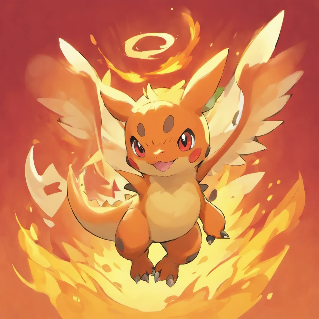 Cute dinosaurs,Fire attribute,Three-quarters side, Orange head, Four ears,little wings,Red pupils,Masterpiece, Best quality,solid color backdrop
