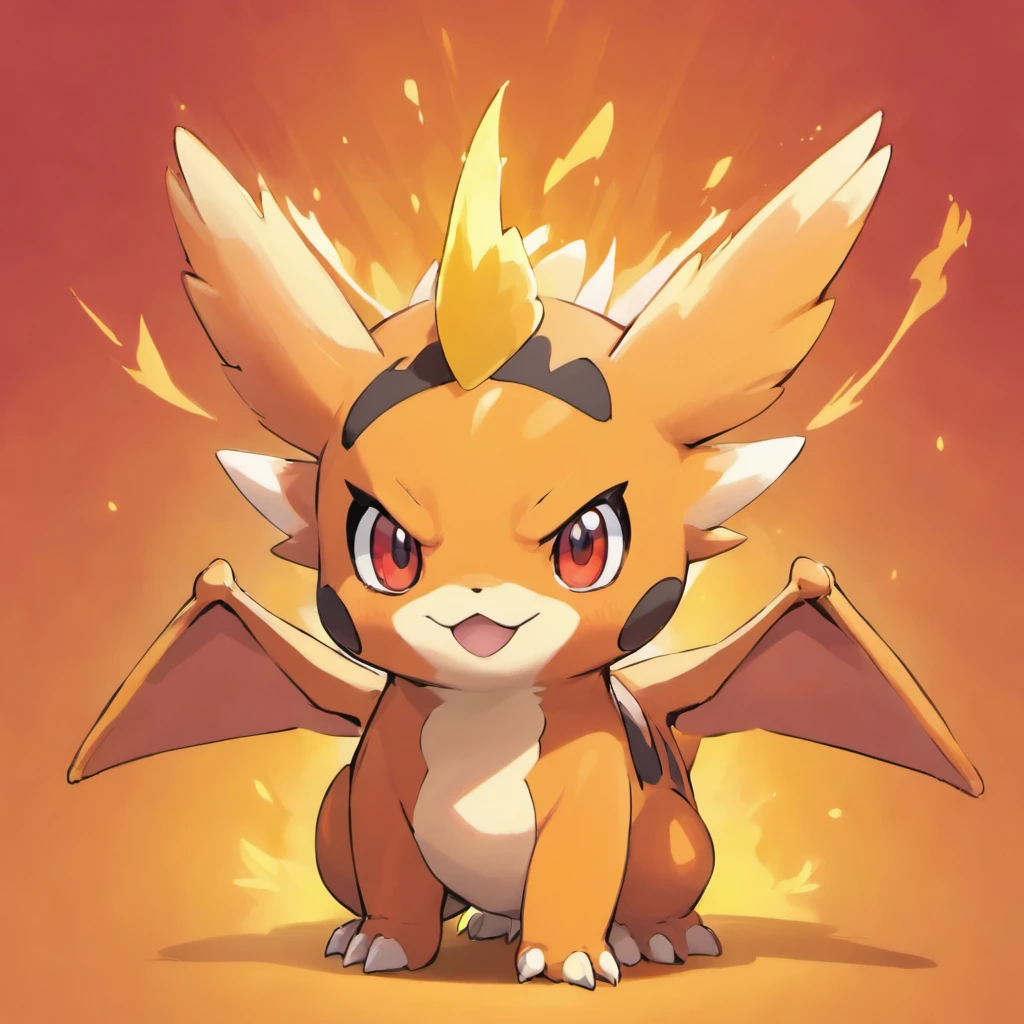Cute dinosaurs,Fire attribute,Three-quarters side, Orange head, Four ears,little wings,Red pupils,Masterpiece, Best quality,solid color backdrop