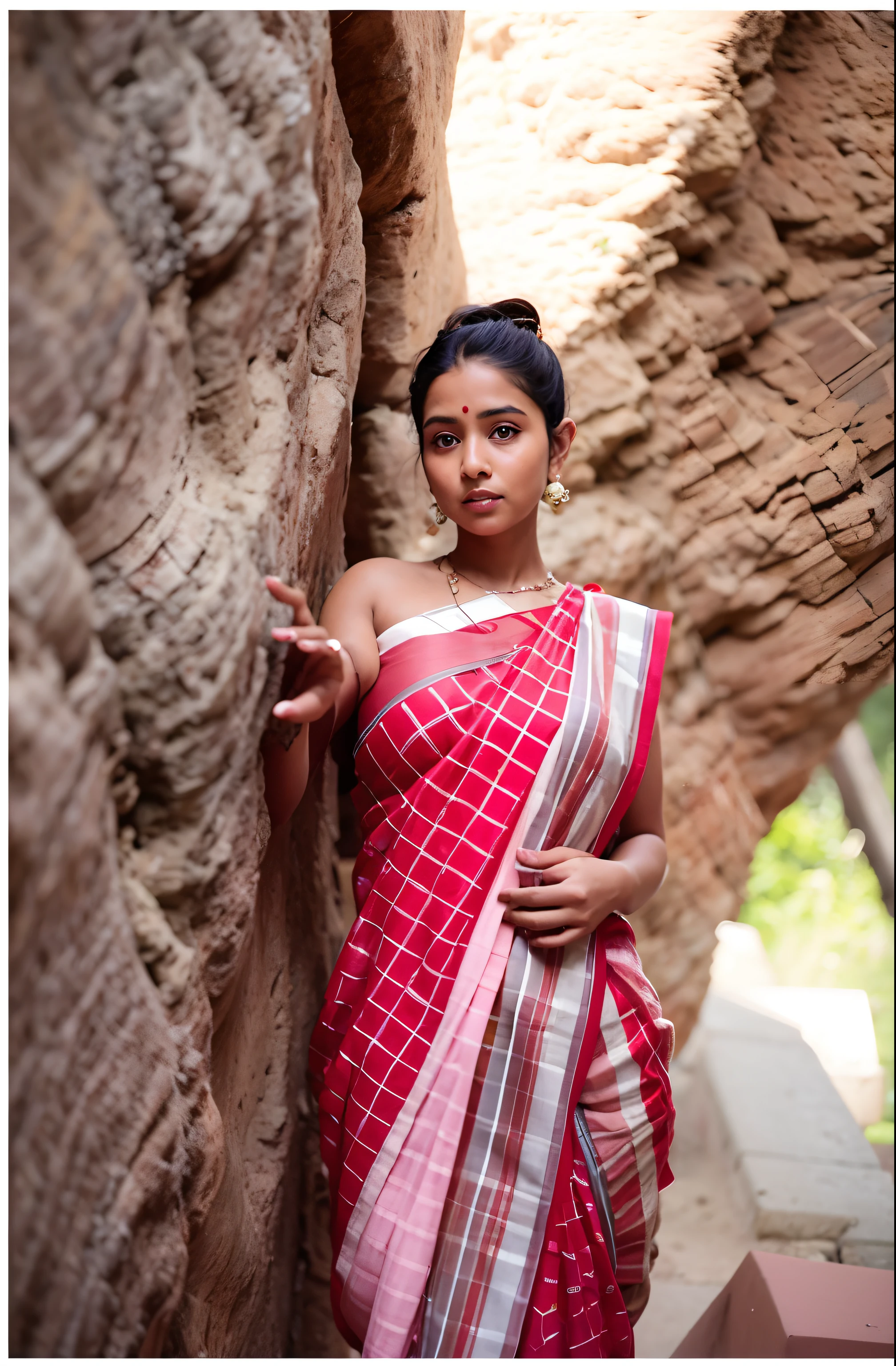 a woman in a red and white sari leaning against a rock, inspired by T. K. Padmini, traditional beauty, wearing a sari, dressed in a sari, very beautiful enga style, assamese aesthetic, sari, idian dress, indian girl with brown skin, indian style, by Lily Delissa Joseph, wearing sari, mid shot portrait
