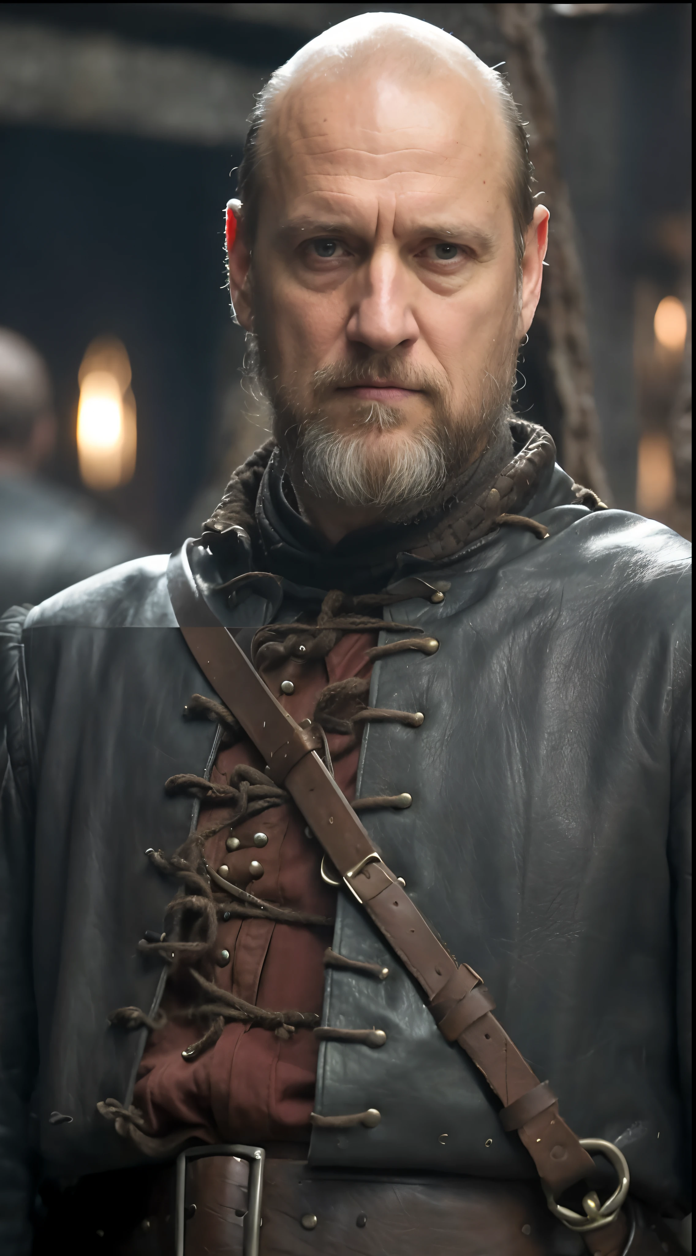 a close up of a man in a leather outfit, a character portrait, inspired by Rajmund Kanelba, trending on polycount, movie still from game of thrones, grumpy [ old ], still image from tv series, robin hood, vdovenko, homelander, mike ehrmantraut, broadshouldered, oleg korolev, from warcraft, 8k, hyper realistic, vibrant, realistic textures