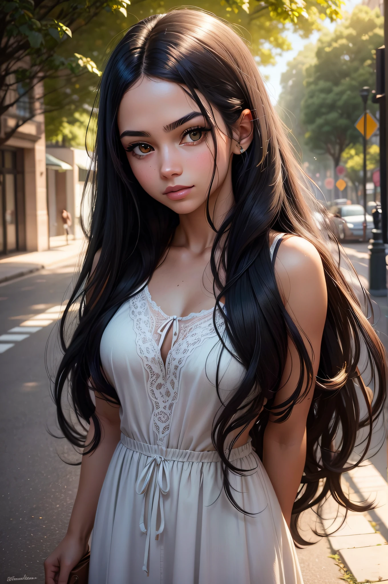 A photorealistic portrait of a 22 year old Brazilian girl with long black hair and striking dark green eyes. It should have a natural, approachable expression and be illuminated by the soft sunlight of the golden hour. The background should be a picturesque outdoor setting, perhaps a sunny park. Capture this image with a high-resolution photograph using an 85mm lens to get a mostly flattering perspective of the face."
