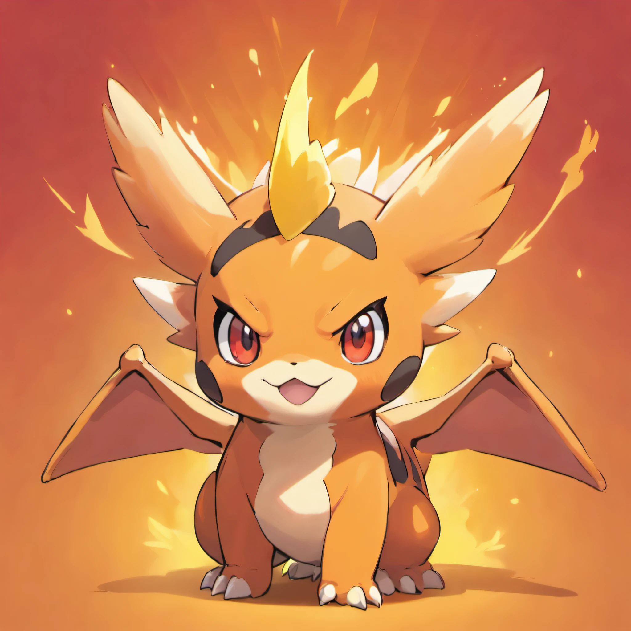 Cute dinosaurs,Fire attribute,Three-quarters side, Orange head, Four ears,little wings,Red pupils,Masterpiece, Best quality,solid color backdrop