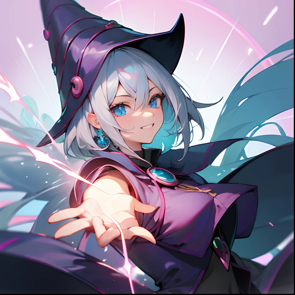 Dark Magician Girl、MKSKS style、独奏、(highly detailed back ground:1.0)、(highly detailed back ground:1.0)、masterpiece、top-quality、超A high resolution、8K、Since a while ago、BREAK、(1/2 and 1 black/2 Silver hair)、BREAK、Detailed skin、glowy skin、A detailed eye、Blue eyes、looking in camera、Burning cheeks、Grinning、Large breasts、BREAK、(Floating astral body:1.2)、Rainbow pattern in the background、Daytime、dynamic ungle