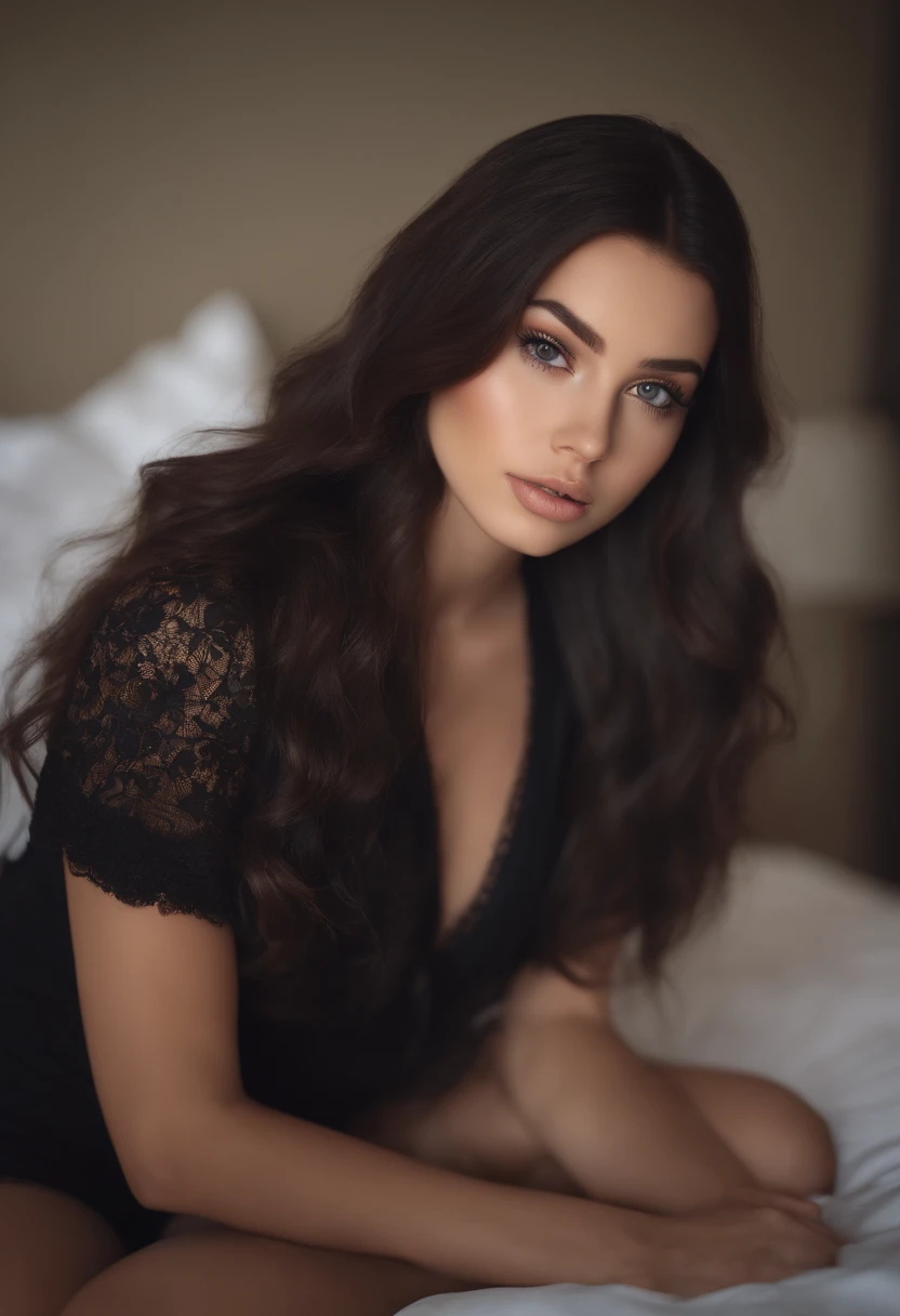arafed woman fully , sexy girl with brown eyes, ultra realistic, meticulously detailed, portrait sophie mudd, black hair and large eyes, selfie of a young woman, bedroom eyes, violet myers, without makeup, natural makeup, looking directly at the camera, face with artgram, subtle makeup, stunning full body shot kneeling on bed, in bedroom, medium to large size bust