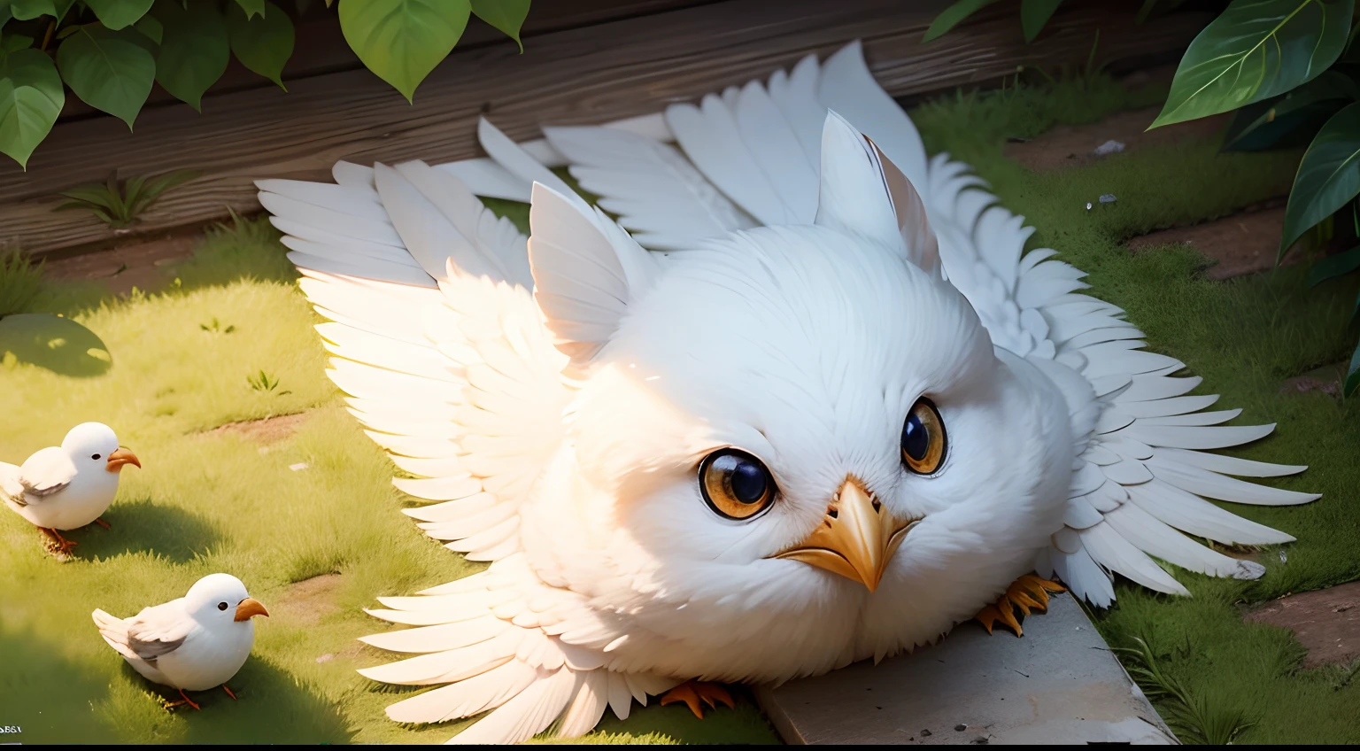 On white paper, The outline of a cute bird is drawn, Its body curls up, lies on the ground, The bird was injured, The look in the bird's eyes revealed helplessness and fear, As if looking for help and condolences, The background is bright sunlight and lush trees, The illustration is in 4K resolution, Wide angle of view -, from above, wide shot --auto