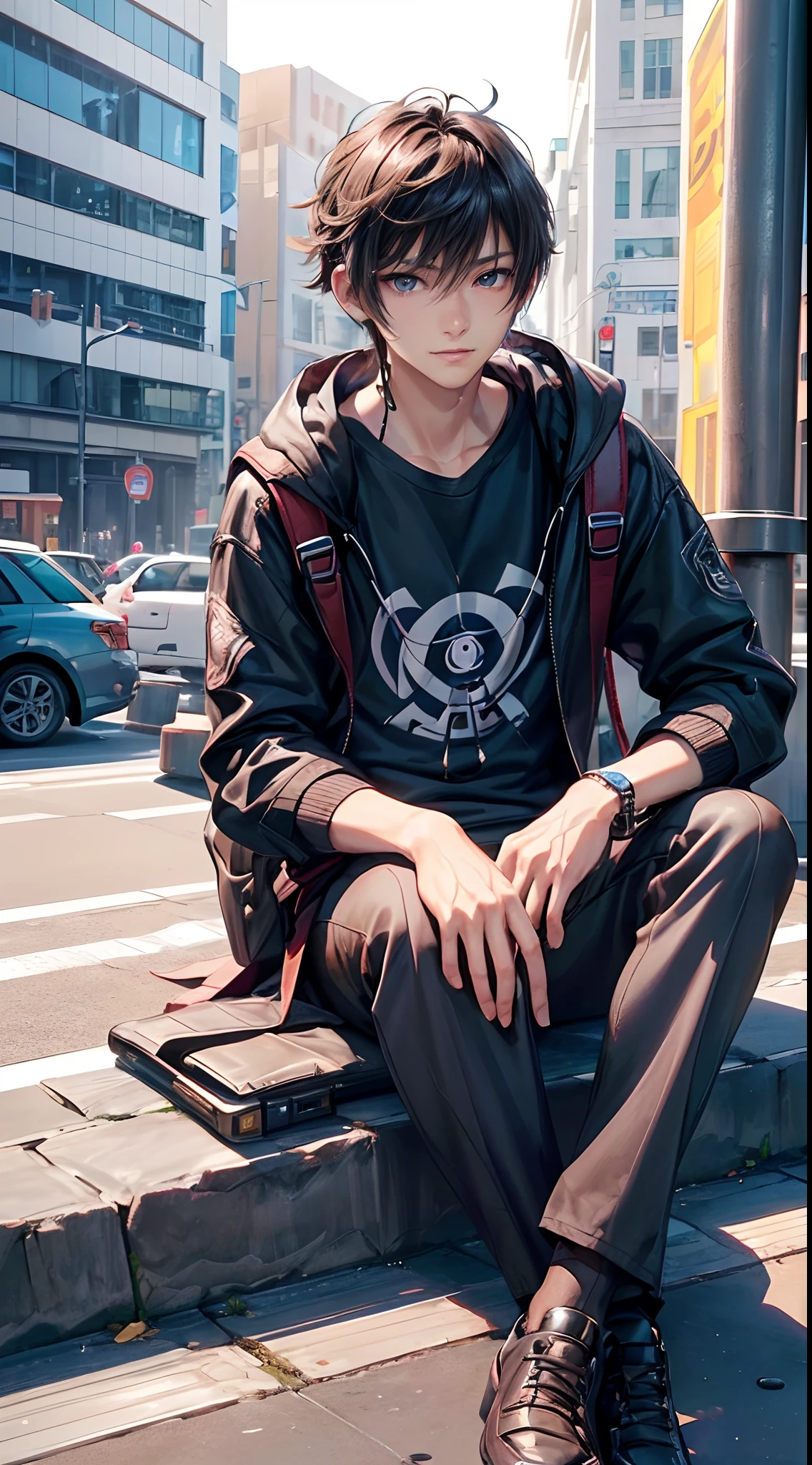 ((4K works))、​masterpiece、（top-quality)、((high-level image quality))、((One Manly Boy))、Slim body、((Attractive and sexy fashion))、((Men's Fashion))、((Holding a backpack and iPhone in hand))、(Detailed beautiful eyes)、In a fashionable city、Sitting on the curb and listening to music、Face similar to Chaewon in Ruseraphim、((short hair above the ears))、((Smaller face))、((Neutral face))、((Light brown eyes))、((Korean boy))、((18year old))、((Handsome man))、((Teeth and smile expression))、((Korean Makeup))、((elongated and sharp eyes))、((photo of a model))、((Like a celebrity))、Professional Photos、((Shot alone))、((Sitting on the curb and listening to music through headphones))、((He sits in front of the viewer))、((Shot diagonally up from the front))、((Hold your iPhone in your hands、Look at your iPhone screen))