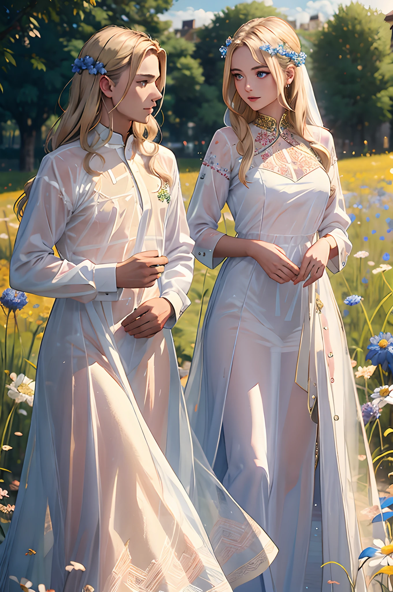 ((portrait of two young men_Woman in transparent dress)),Embroidery pattern:1.5,Belorusin,long wavy blond hair, standing on a flower field, Large cornflower in the foreground (Bokeh:1.2)), Masterpiece, award winning photography, lighting, Perfectcomposition, High detail, Ultra photo realsisim,Dramatic lighting, Epic,(Dynamic pose:1.2),(Dynamic camera),photo RAW,