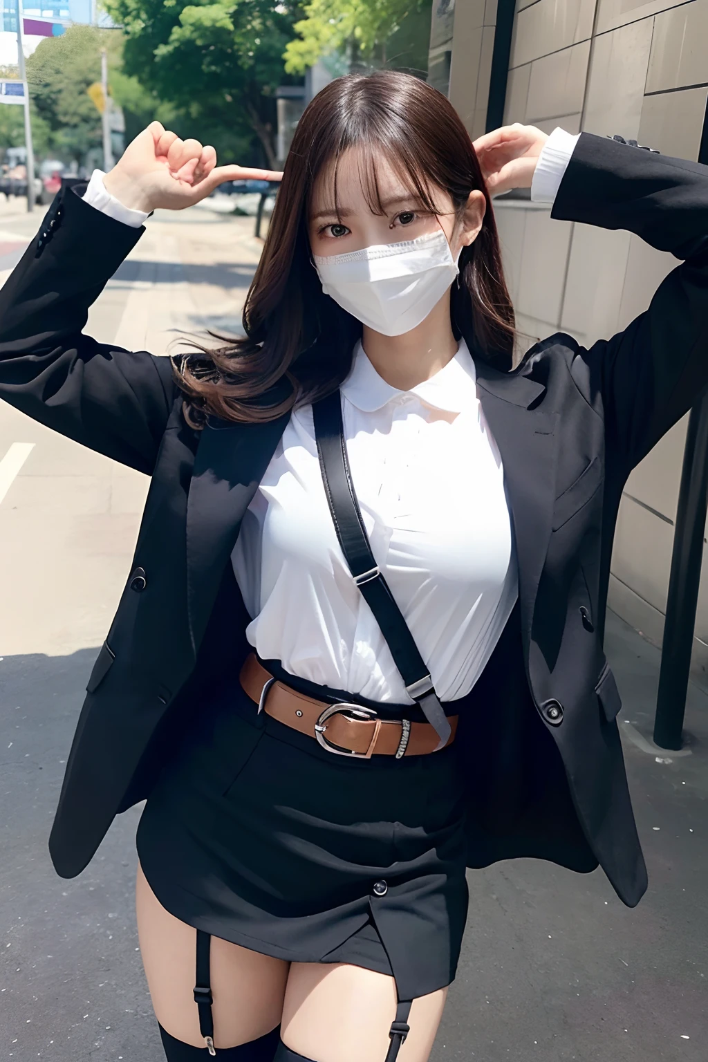 masterpiece、top-quality、The ultra -The high-definition、、colourfull、flat-colors、depth of fields、lens flare 1 girl、、A dark-haired、watching at viewers Suits Cutter shirt a belt suspenders working adults materia OL Black Suit Black jacket glares huge-breasted a miniskirt garterbelts knee high Stockings Black Neeso Mask Colorcon Armpit Sweat perspiring Side of both hands