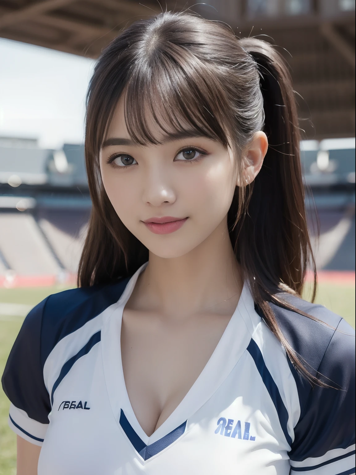 ((((top-quality))))、(((Ultra Precision CG16K Wallpapers)))、(((masterpiece)))、(((ultra-detailliert)))、(((Ultra-extreme details)))、One Woman、a matural female、24-year-old woman、((Japanese face))、((Extremely beautiful face))、(poneyTail)、Bangs up to the eyebrows、beautiful brown hair、Beautiful delicate eyes、Brown eyes、lofty nose、small nostrils、seductive lips、Half-open mouth、Beautiful breasts、C-cup size breasts、cleavage of the breast、Beautifully proportioned proportions、perfect anatomia、Beautiful and detailed shading、Beautiful natural light、Beautiful detail glow、depth of fields、(((a high chroma)))、((realisitic:1.9))、((Beautiful skin))、((Skin Texture))、((Vivid:1.4))、dynamic ungle、((Cowboy Shot))、((Front shot))、((A slight smil))、Bright sunshine、((Tokyo Dome))、(Background blur)、((Cheerleader Uniforms))、