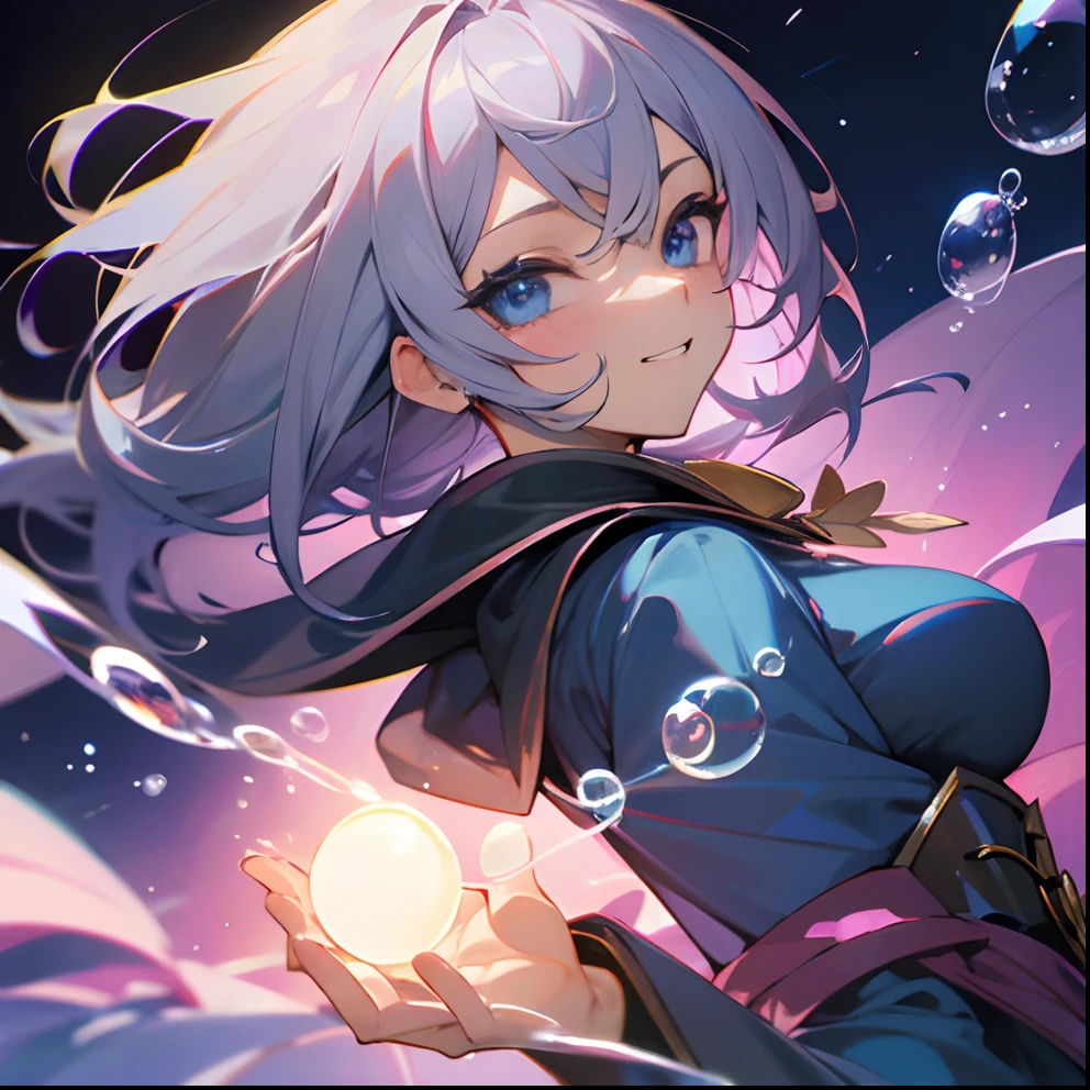 Dark Magician Girl、MKSKS style、独奏、(highly detailed back ground:1.0)、(highly detailed back ground:1.0)、​masterpiece、top-quality、超A high resolution、8K、Since a while ago、BREAK、(1/2 and 1 brown/2 Silver hair)、BREAK、Detailed clothing、Crimson dress、Detailed skin、glowy skin、A detailed eye、Blue eyes、looking in camera、Burning cheeks、Grinning、Large breasts、BREAK、(soap bubbles:1.2)、dynamic ungle、Bright lighting