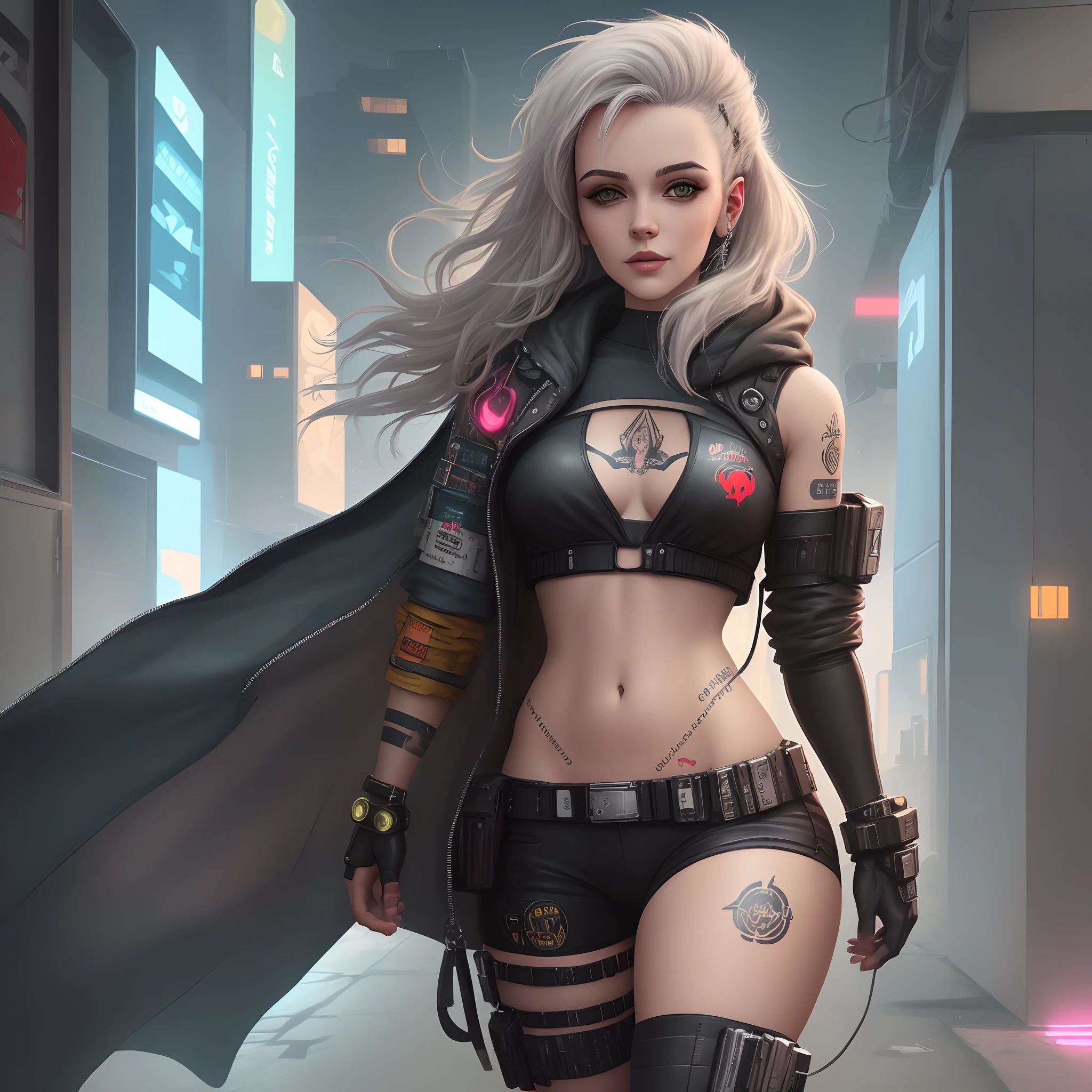 Crie uma personagem que tenha tatuagem de asas de anjo nas costas com tema cyberpunk