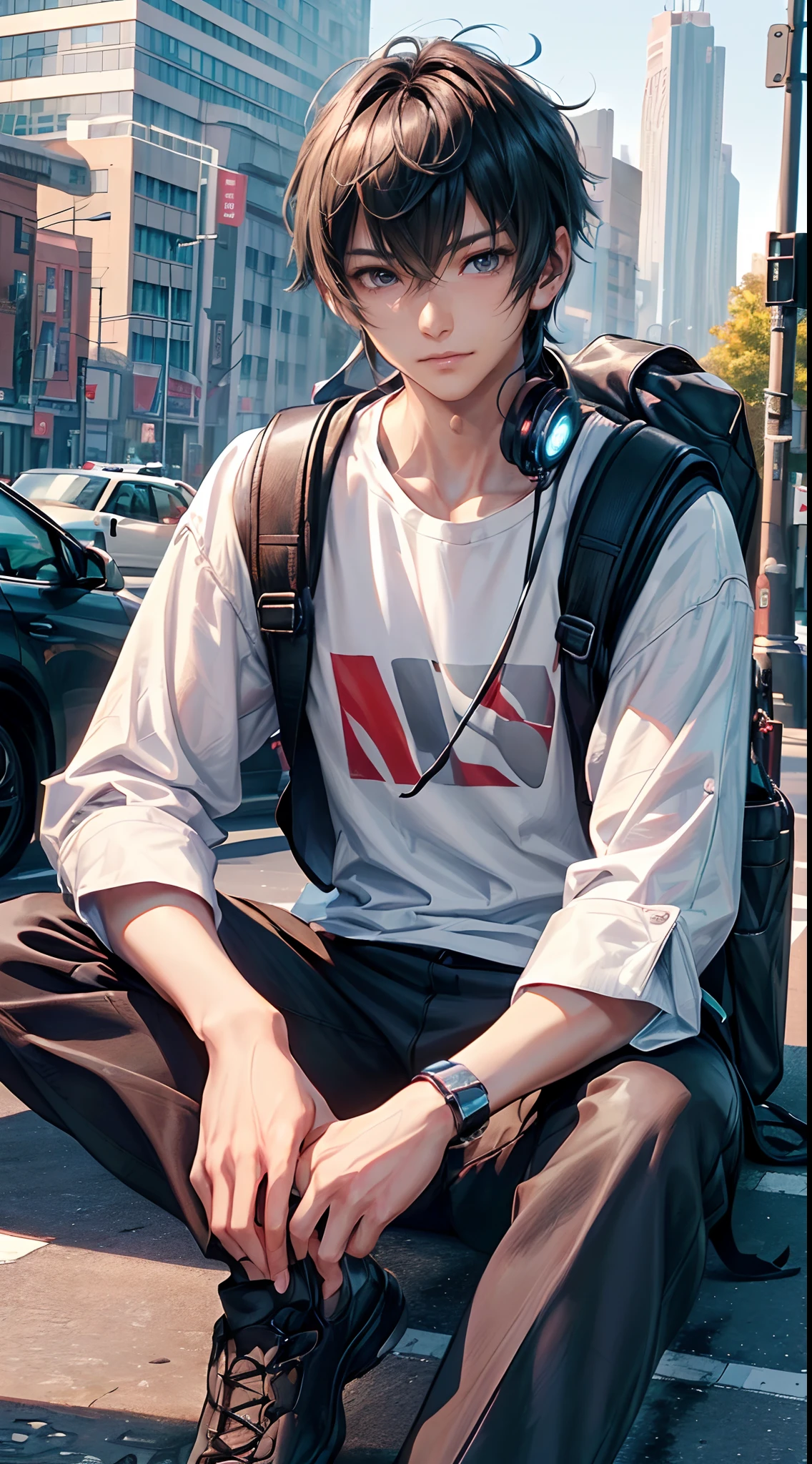 ((4K works))、​masterpiece、（top-quality)、((high-level image quality))、((One Manly Boy))、Slim body、((Attractive and sexy fashion))、((Men's Fashion))、((Holding a backpack and iPhone in hand))、(Detailed beautiful eyes)、In a fashionable city、Sitting on the curb and listening to music、Face similar to Chaewon in Ruseraphim、((short hair above the ears))、((Smaller face))、((Neutral face))、((Light brown eyes))、((Korean boy))、((18year old))、((Handsome man))、((Teeth and smile expression))、((Korean Makeup))、((elongated and sharp eyes))、((photo of a model))、((Like a celebrity))、Professional Photos、((Shot alone))、((Sitting on the curb and listening to music through headphones))、((He sits in front of the viewer))、((Shot diagonally up from the front))、((Hold your iPhone in your hands、Look at your iPhone screen))