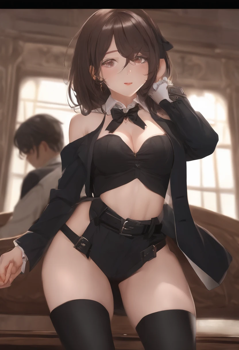 masterpiece、top-quality、The ultra -The high-definition、、colourfull、flat-colors、depth of fields、lens flare 1 girl、、A dark-haired、watching at viewers Suits Cutter shirt a belt suspenders working adults materia OL Black Suit Black jacket glares huge-breasted a miniskirt garterbelts knee high Stockings Black Neeso Mask Colorcon Armpit Sweat perspiring Side of both hands