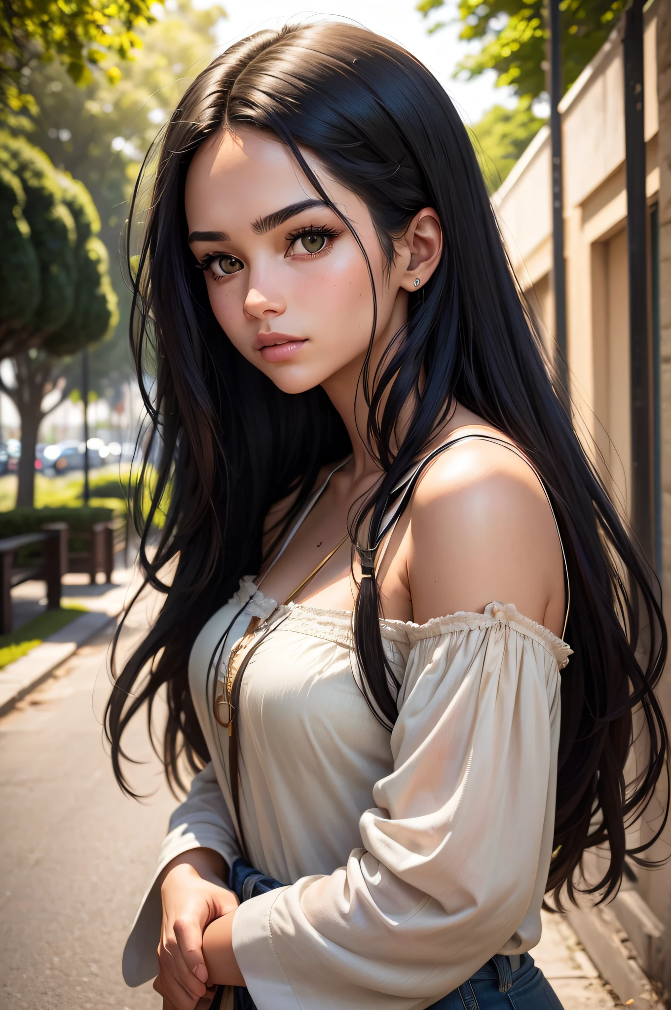 A photorealistic portrait of a 22 year old Brazilian girl with long black hair and striking dark green eyes. It should have a natural, approachable expression and be illuminated by the soft sunlight of the golden hour. The background should be a picturesque outdoor setting, perhaps a sunny park. Capture this image with a high-resolution photograph using an 85mm lens to get a mostly flattering perspective of the face."
