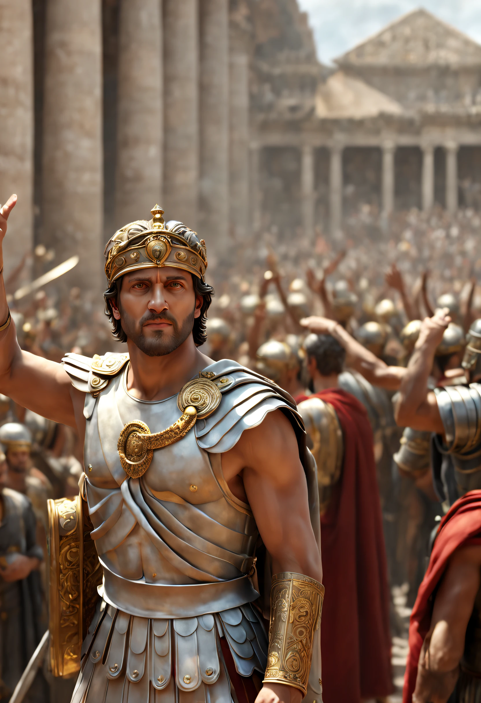 epic scene of a Roman emperor, triumphant procession, crowd standing by both sides, waving to the crowd, giving instructions to his subjects, Ancient Roman temple scene in the background, intricate details, ultra HD, powerful, photorealistic, extreme details, 8k.
