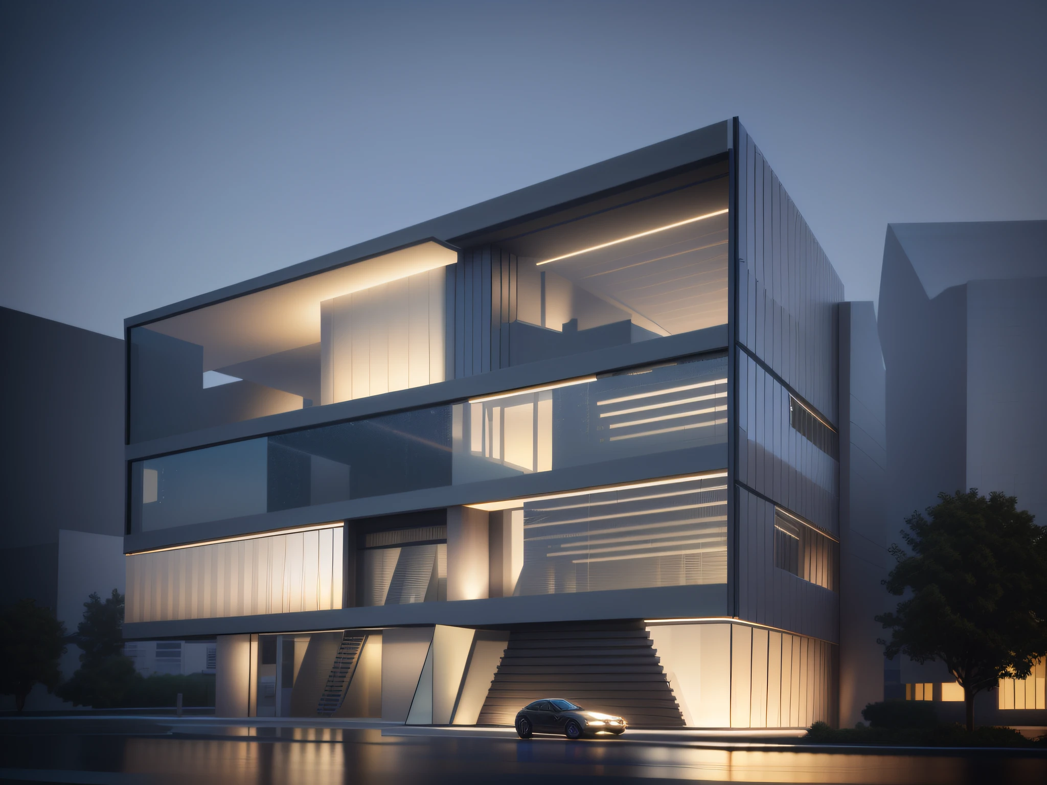 Modern glass curtain wall architectural landscape,There was a car parked in front, architecture render, architectural render, vray rendered, night time render, Render in Vray, beeple rendering, artstation hq, 3 d render beeple, artstation hq”, rendered in vray, rendered in octane render, dramatic lighting render, 3 d render even lit