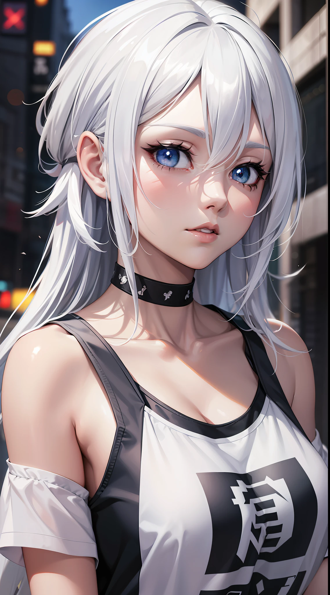 Anime girl with white hair and blue eyes in the city, seductive anime girl, T-shirt, perfect girl with white hair, girl with white hair, detailed digital anime art, beautiful anime girl, anime style 4 K, anime art wallpaper 8 K, beautiful and attractive anime woman, advanced digital anime art, beautiful anime woman, 4k anime wallpaper, anime art wallpaper 4k, gray hair