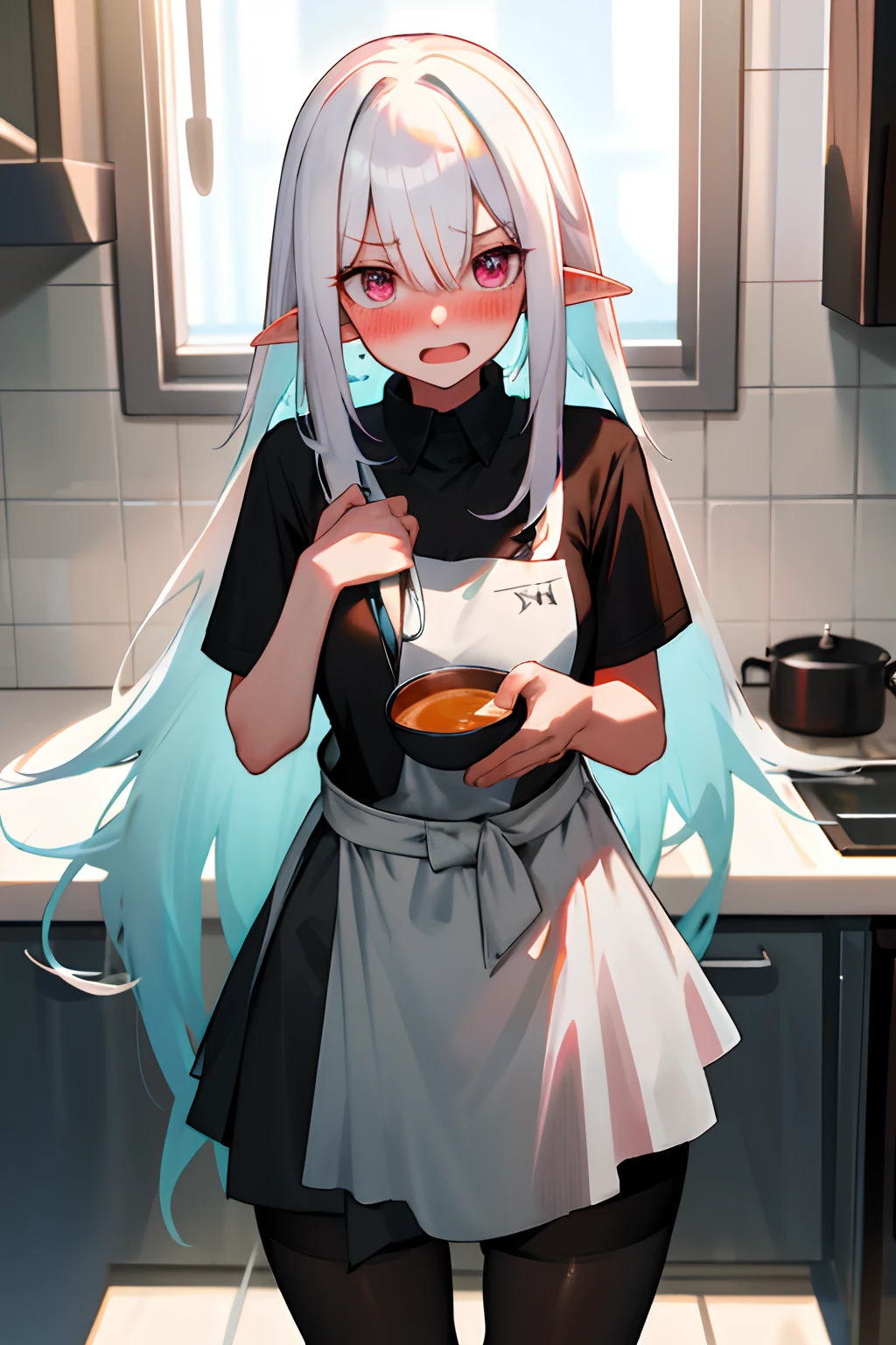 One girl with long hair, white hair, looking at viewer, embarrassed, blushing, open mouth, oversized naked black t shirt, t shirt only, thigh, pointy ears, perfect waist, pantyhose, kitchen, apron, soup ladle