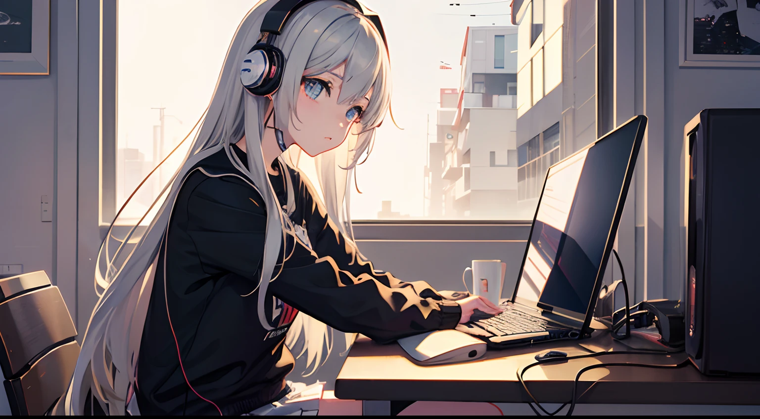 Anime girl with headphones sitting on laptop table, silber hair、Semi-long hair、lofi-girl, lofi artstyle, lofi art, lofi vibes, lofi feel, adult lady、25-years old、lofi hip hop, lofi, chillhop, lofi girl aesthetic, lofi portrait, Lofivibe, lofi color, anime vibes, The aesthetics of the lofi,{{{{{{{{ Black Parker Oversize }}}}}}}},beautiful and delicate golden eyes,