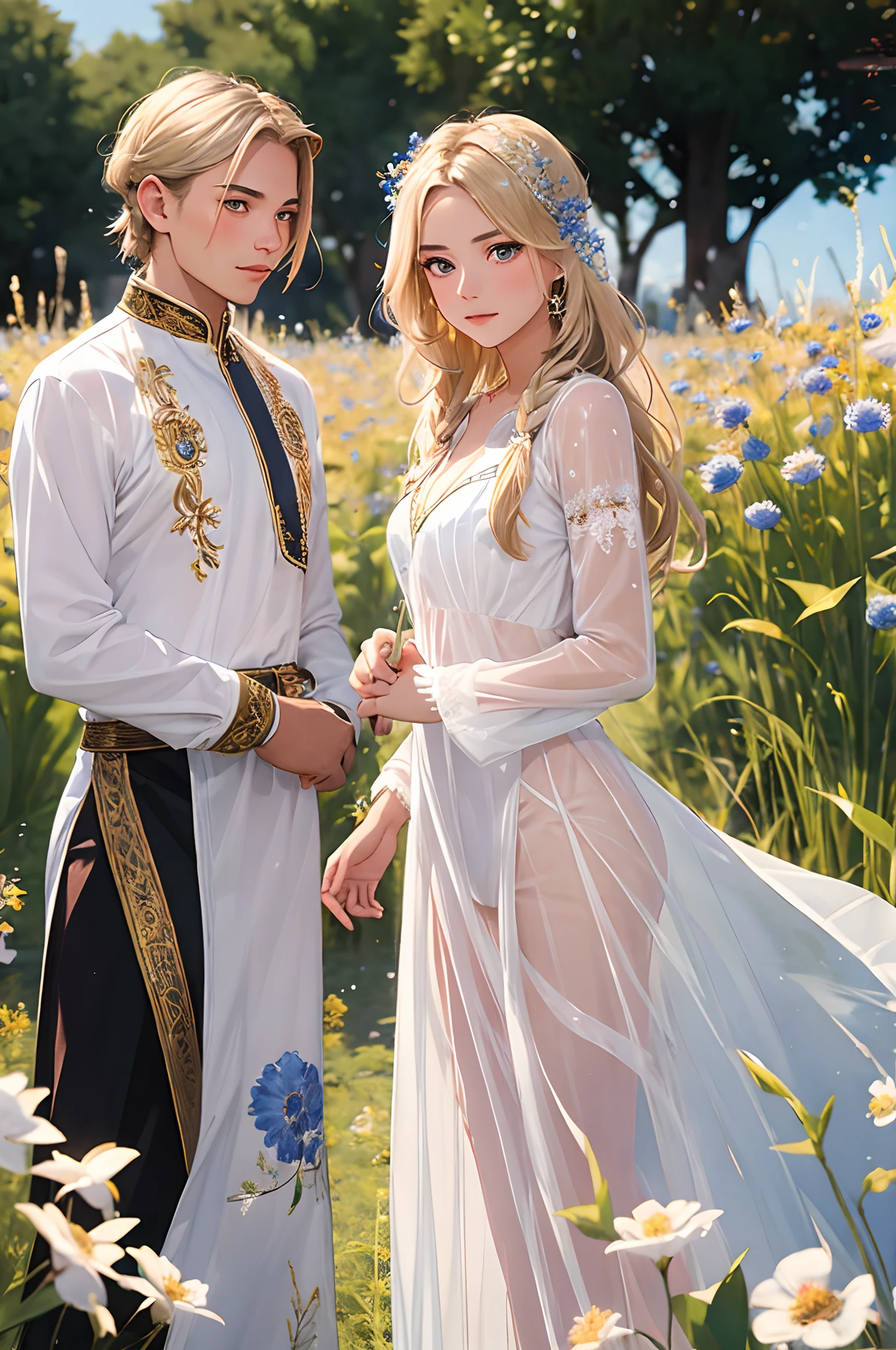 ((portrait of two young men_Woman in transparent dress)),Embroidery pattern:1.5,Belorusin,long wavy blond hair, standing on a flower field, Large cornflower in the foreground (Bokeh:1.2)), Masterpiece, award winning photography, lighting, Perfectcomposition, High detail, Ultra photo realsisim,Dramatic lighting, Epic,(Dynamic pose:1.2),(Dynamic camera),photo RAW,