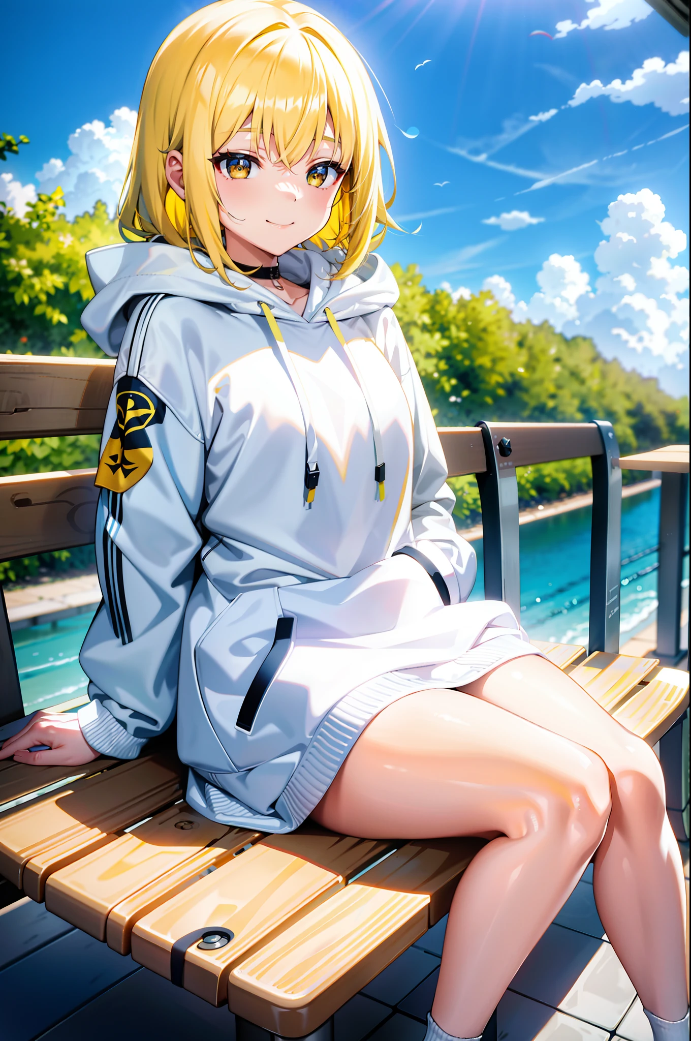 yellow hair、White hoodie、White-eyed、Active、A slight smil、appointment、Straight hair、sit on a bench、1 girl in、wave her hand