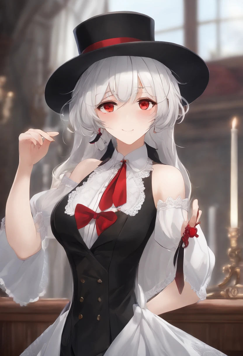 komori,idolcloth,masutepiece,Best Quality,White hair, Red Eyes,White shirt,(black formal hat),(hair clips:1.3),(small mouth mole:1.3),Smile,hight resolution,4K,Black detached sleeves, Upper body,