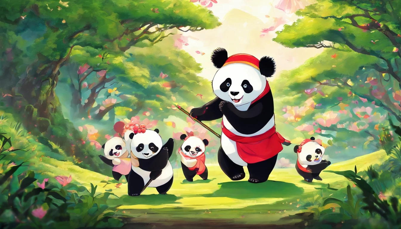 Masterpiece, Best quality, Close-up, Bright, cheerfulness, Warm and soft lighting, Sunset,A group of children dance hand in hand,Wearing Zhuang costumes,High hills,A juvenile cute giant panda