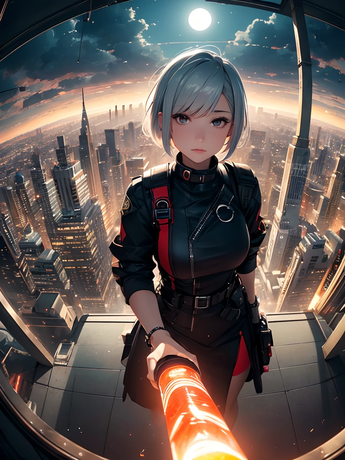((fisheye views)), a photo of 8k ultra realistic beautiful sad girl standing on top of building, 21-year-old girl's cool style, beauty eyes, sharp eyes. Her Asymmetric Pixie hairstyle, silver hair, short hair, and left-facing bangs with red highlights make her stand out., watching the city burn , moon night , full city visible , intricate red and light cloudy yellow , ornate, cinematic lighting, trending on artstation, 4k, hyperrealistic, focused, high details, unreal engine 5, cinematic