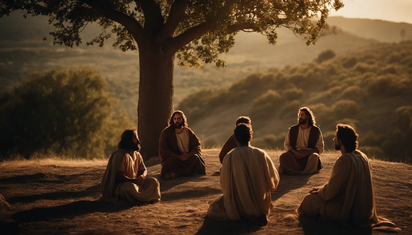 image of jesus teaching sitting on a rock and the disciples, cinematic, 8k, dark blackground