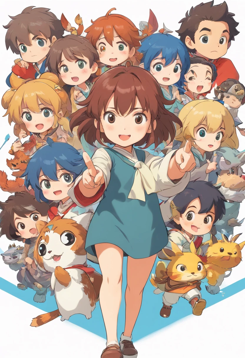 masterpiece, high quality, rpg character, cute chibi girl pointing at one direction, vector, white background, no background,