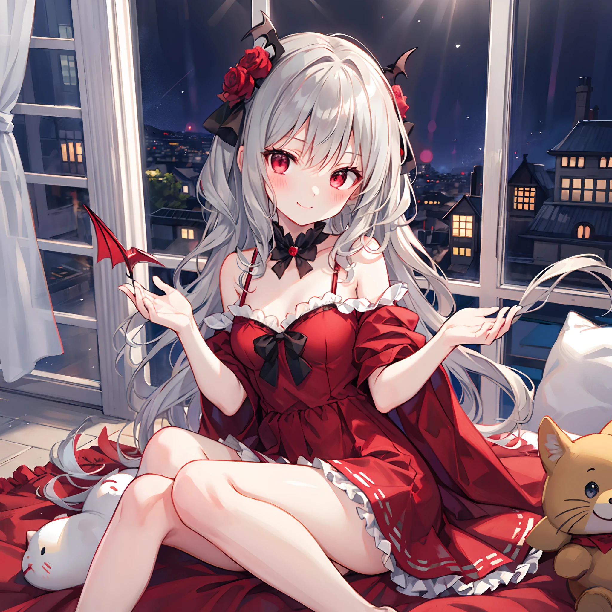 wavy gray hair、red eyes、One beautiful vampire girl、red blush、Retro dresses、Raw feet、midnight、a smile