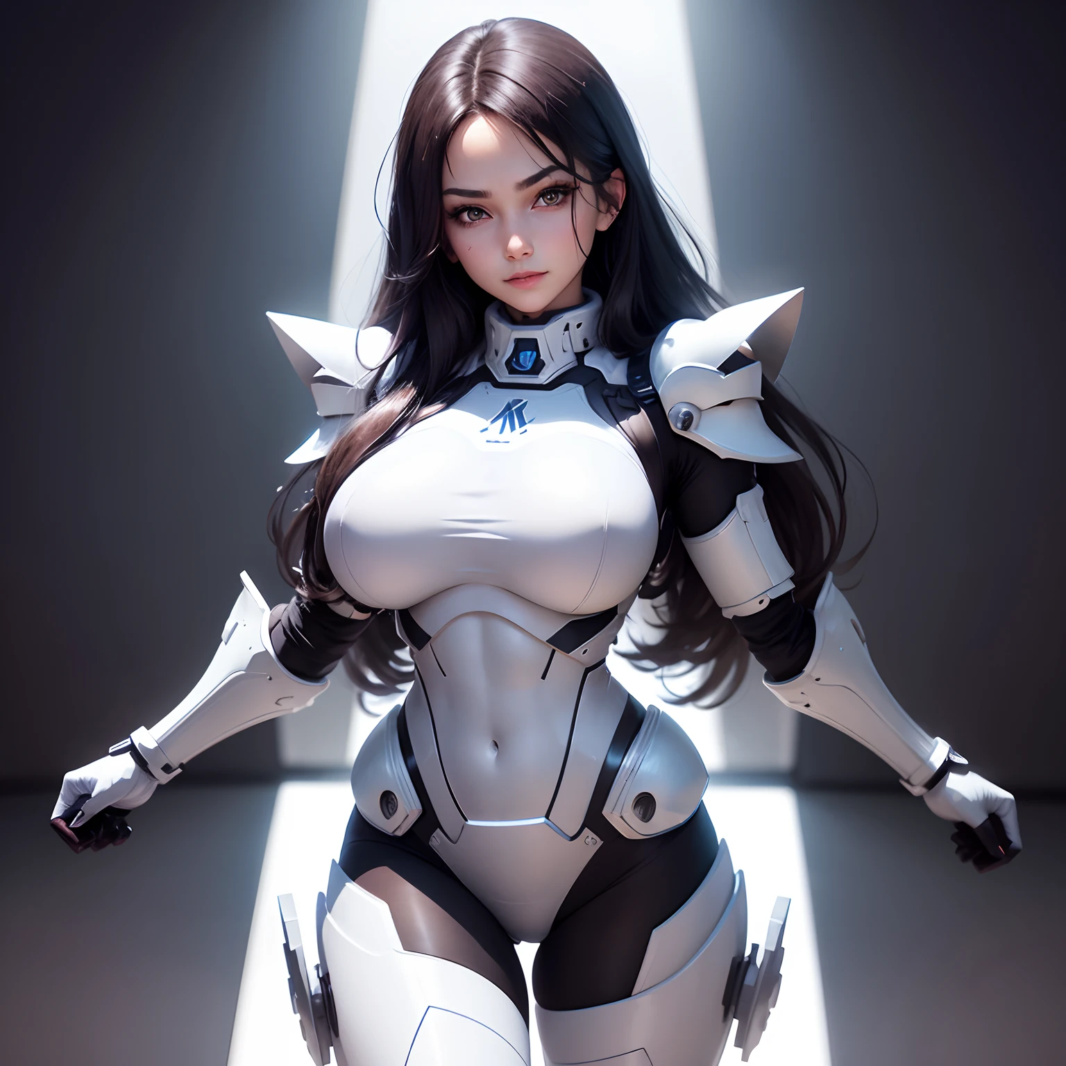 (Upper body), (Realistic, [anime big breast]), (。.3D:0.3), Dramatic lighting, ((Masterpiece)),(quality),(A high resolution), The tall Lady Void Star, [[Covers the abs]], ((X-ray powered armor|Tights with lining|White power armor) Mechanical arms), Long black hair bottom clipper, [Evil smile], Small breasts, covered navel, eyes liner, eyeslashes, Perfect face, Beautiful nose, detailedpupils, Beautiful eyes, Detailed eyes, Brown eyes, Perfect lips, A pose on the monitor, Simple background, [Boku No Hero Academy], (move:1) ,