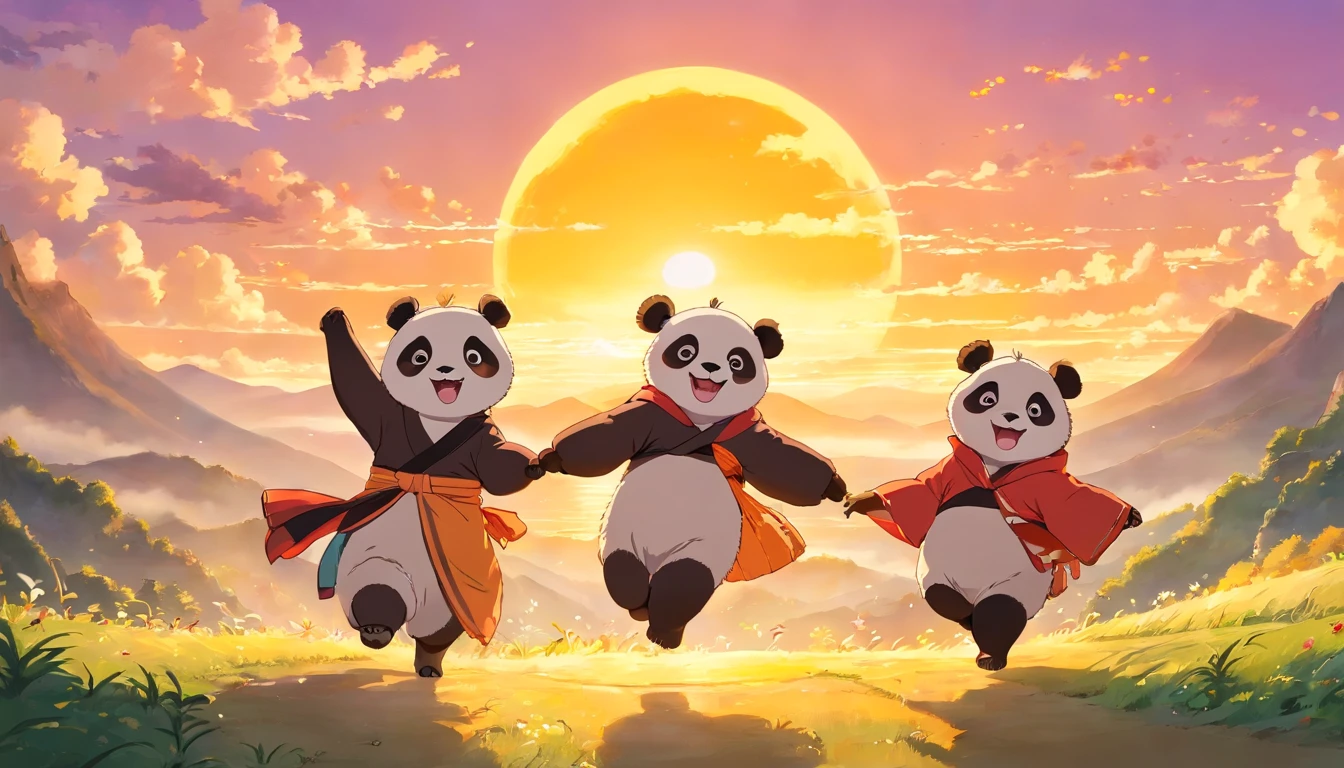 Masterpiece, Best quality, Close-up, Bright, cheerfulness, Warm and soft lighting, Sunset,A group of children dance hand in hand,Wearing Zhuang costumes,High hills,A juvenile cute giant panda