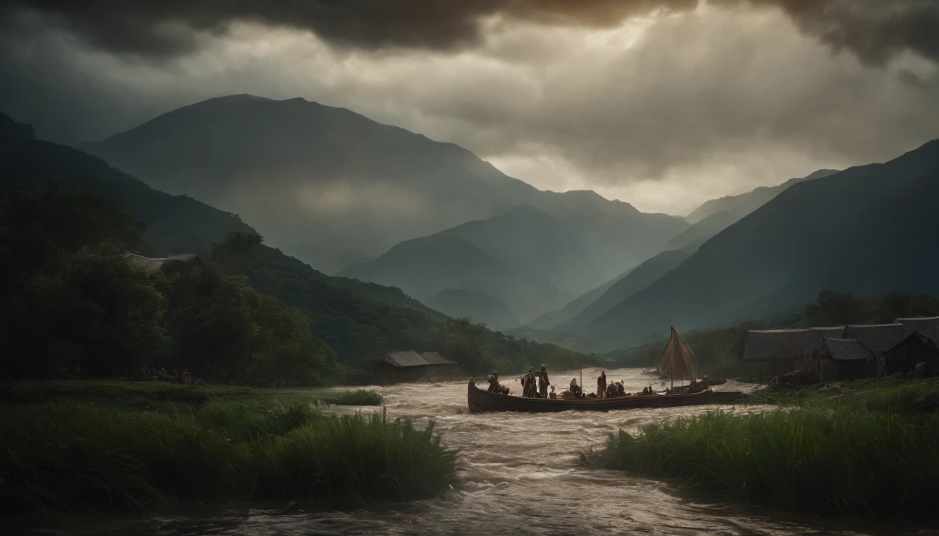 an image of a flood from Noah's time with the ark and the mountains